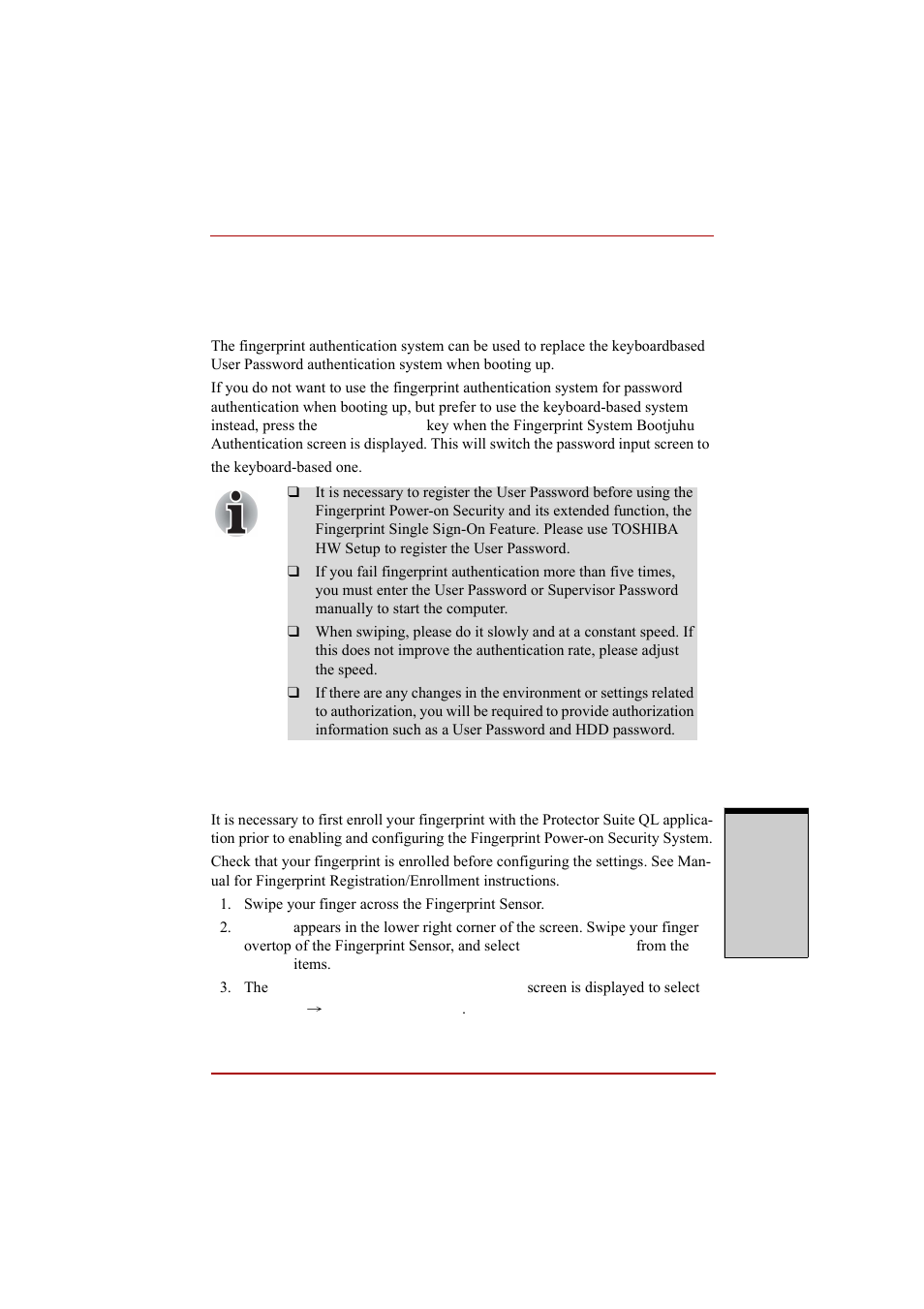 Fingerprint system boot authentication, Fingerprint system boot authentication -9 | Toshiba A210 User Manual | Page 109 / 276