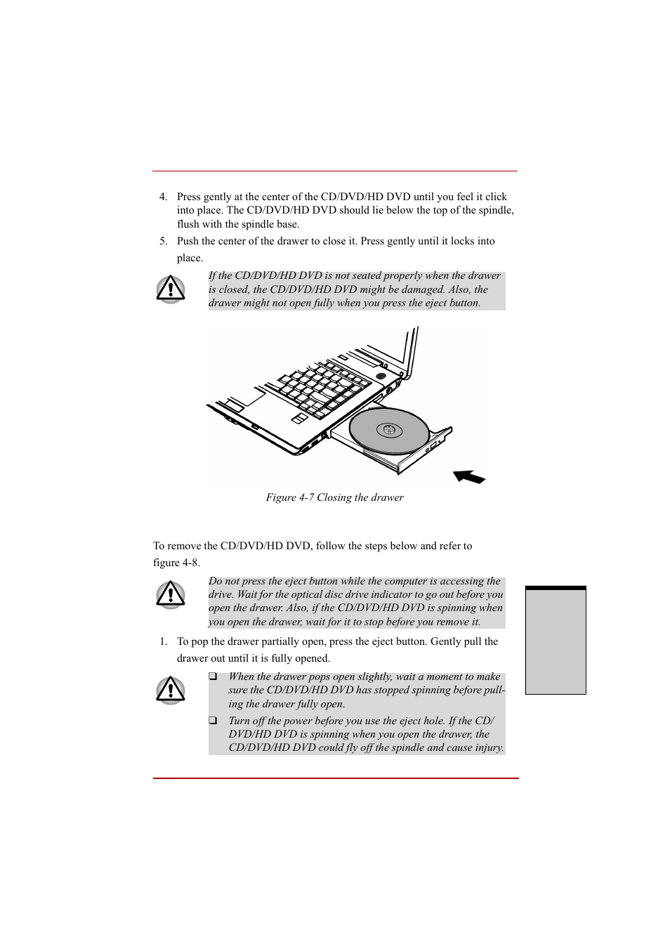 Removing discs, Removing discs -15 | Toshiba A210 User Manual | Page 115 / 276