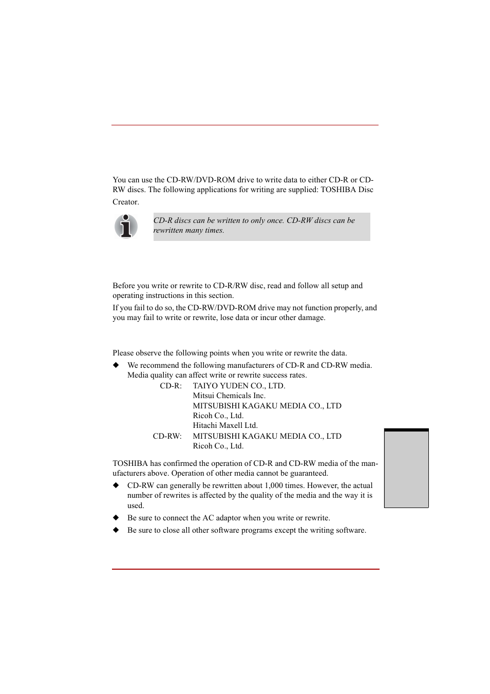 Writing cds on cd-rw/dvd-rom drive, Important message (cd-rw/dvd-rom drive), Before writing or rewriting | Writing cds on cd-rw/dvd-rom drive -29 | Toshiba A210 User Manual | Page 129 / 276