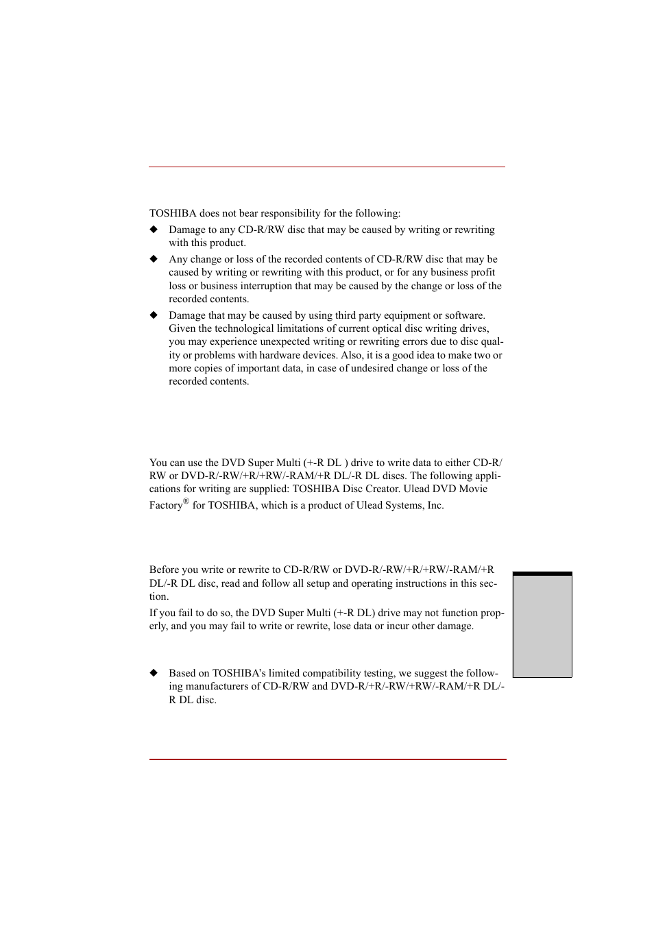 Disclaimer (cd-rw/dvd-rom drive), Writing cd/dvds on dvd super multi (+-r dl) drive, Important message (dvd super multi (+-r dl) drive) | Before writing or rewriting, Disclaimer (cd-rw/dvd-rom drive) -31 | Toshiba A210 User Manual | Page 131 / 276
