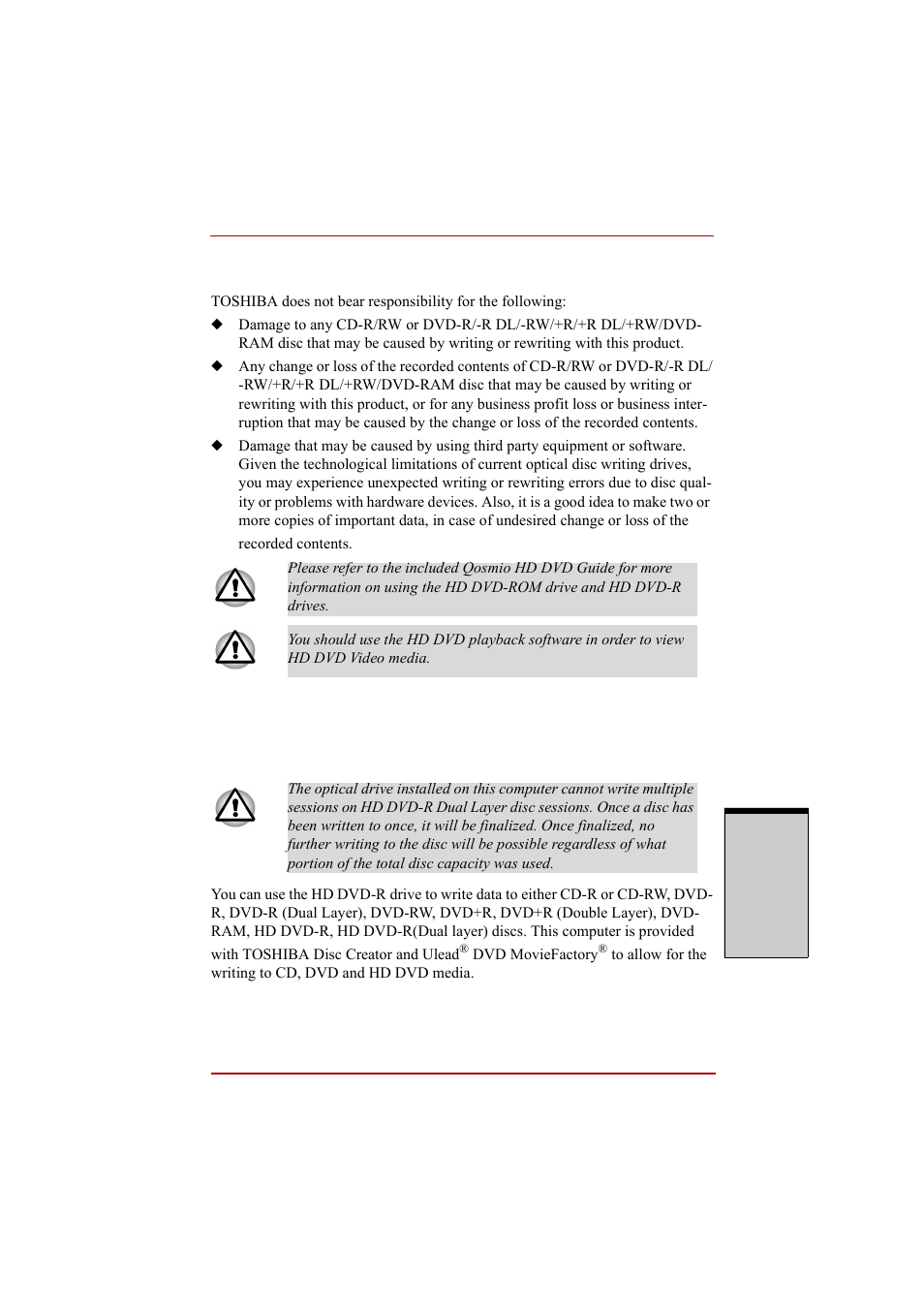 Disclaimer (dvd super multi (+-r dl) drive), Writing cd/dvd/hd dvds on hd dvd-r drives, Disclaimer (dvd super multi (+-r dl) drive) -35 | Writing cd/dvd/hd dvds on hd dvd-r drives -35 | Toshiba A210 User Manual | Page 135 / 276