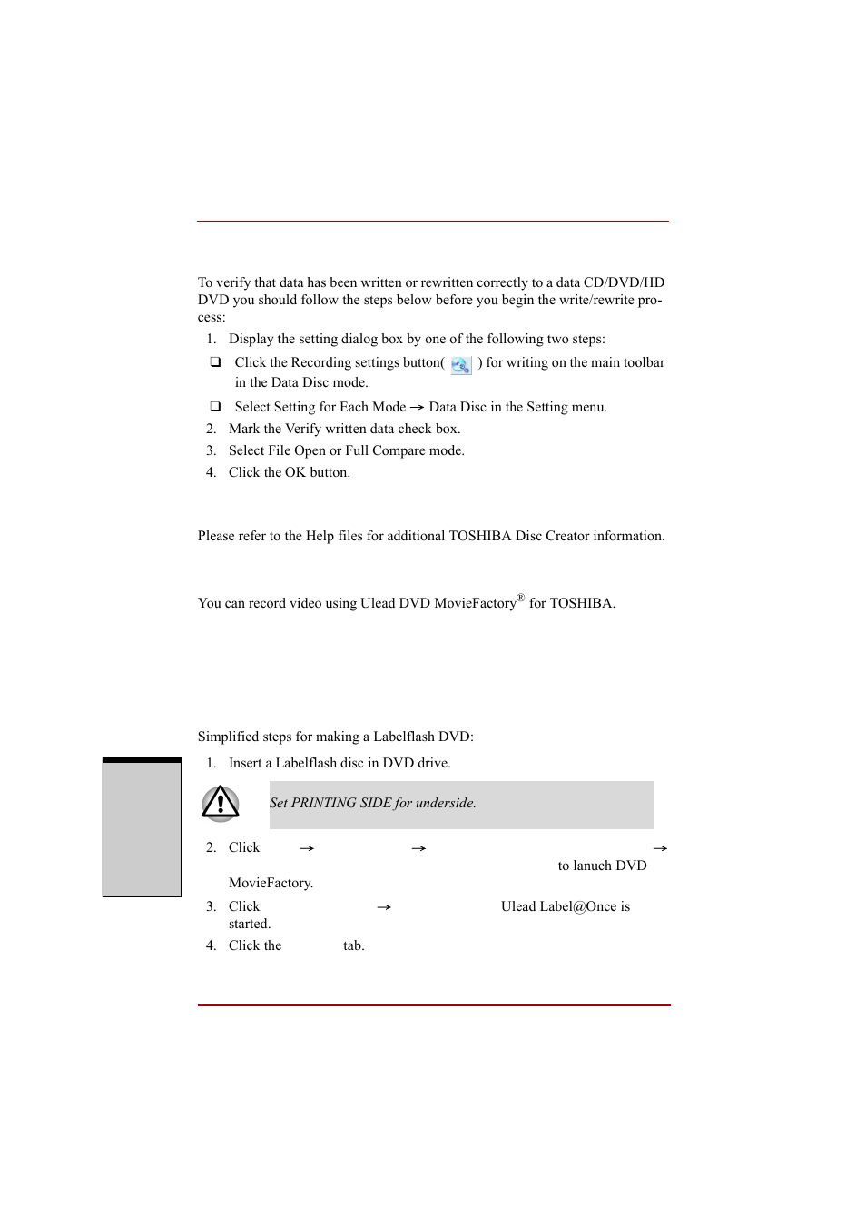 Data verification, Video, When using ulead dvd moviefactory® for toshiba | When using ulead dvd moviefactory, For toshiba | Toshiba A210 User Manual | Page 142 / 276