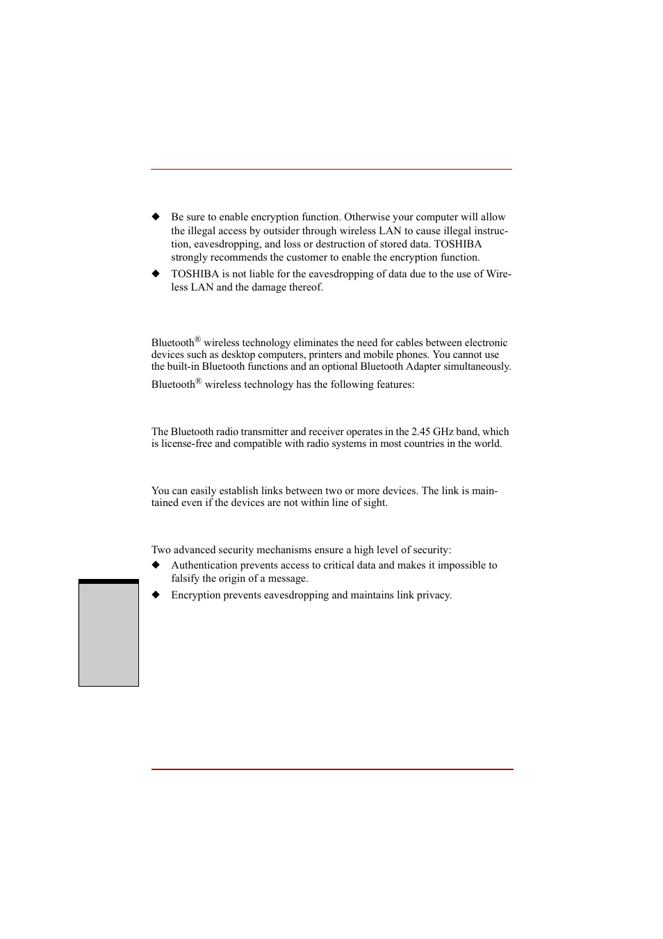 Security, Bluetooth, Wireless technology | Worldwide operation, Radio links | Toshiba A210 User Manual | Page 154 / 276