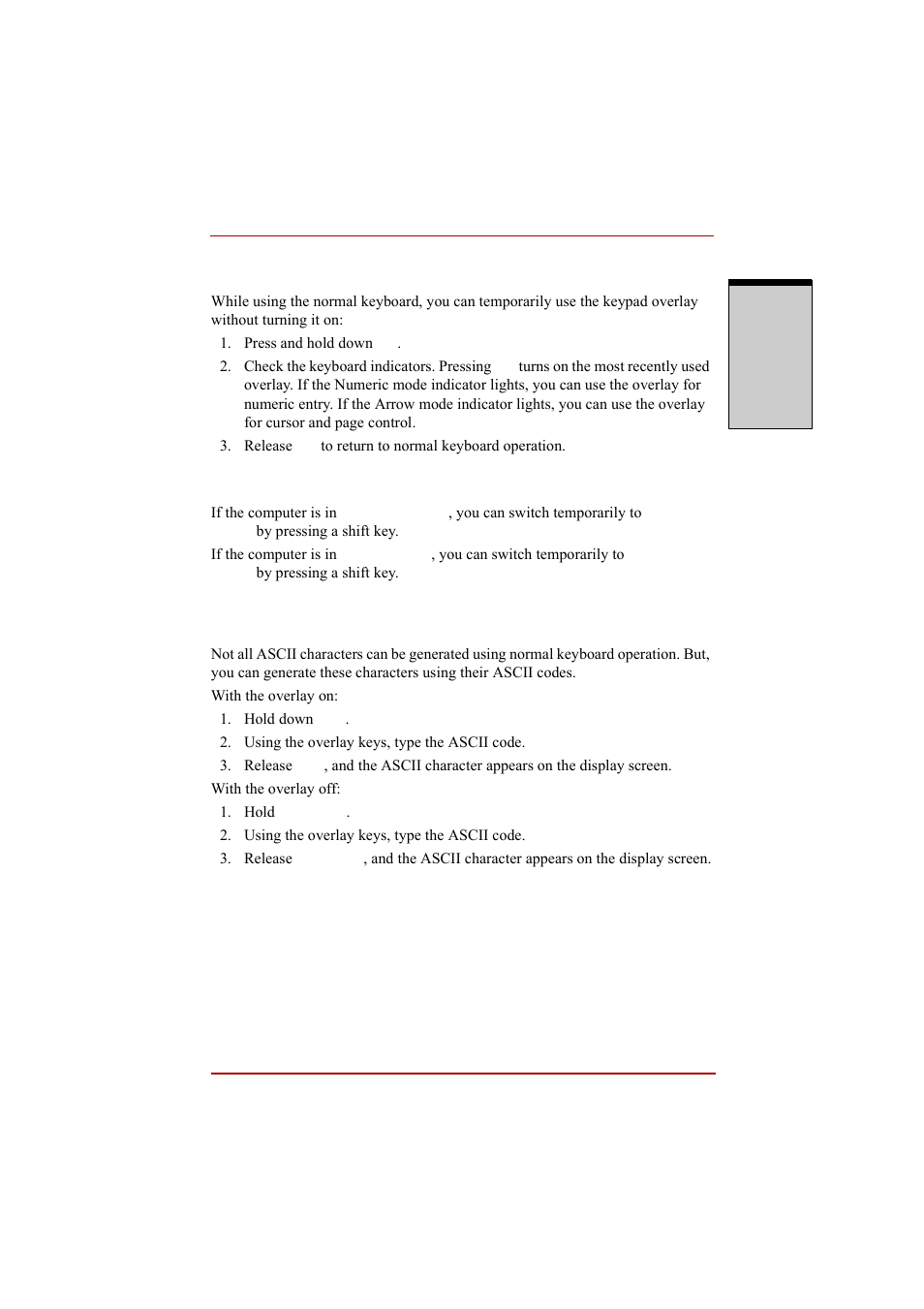 Temporarily using overlay (overlay off), Temporarily changing modes, Generating ascii characters | Generating ascii characters -9 | Toshiba A210 User Manual | Page 169 / 276