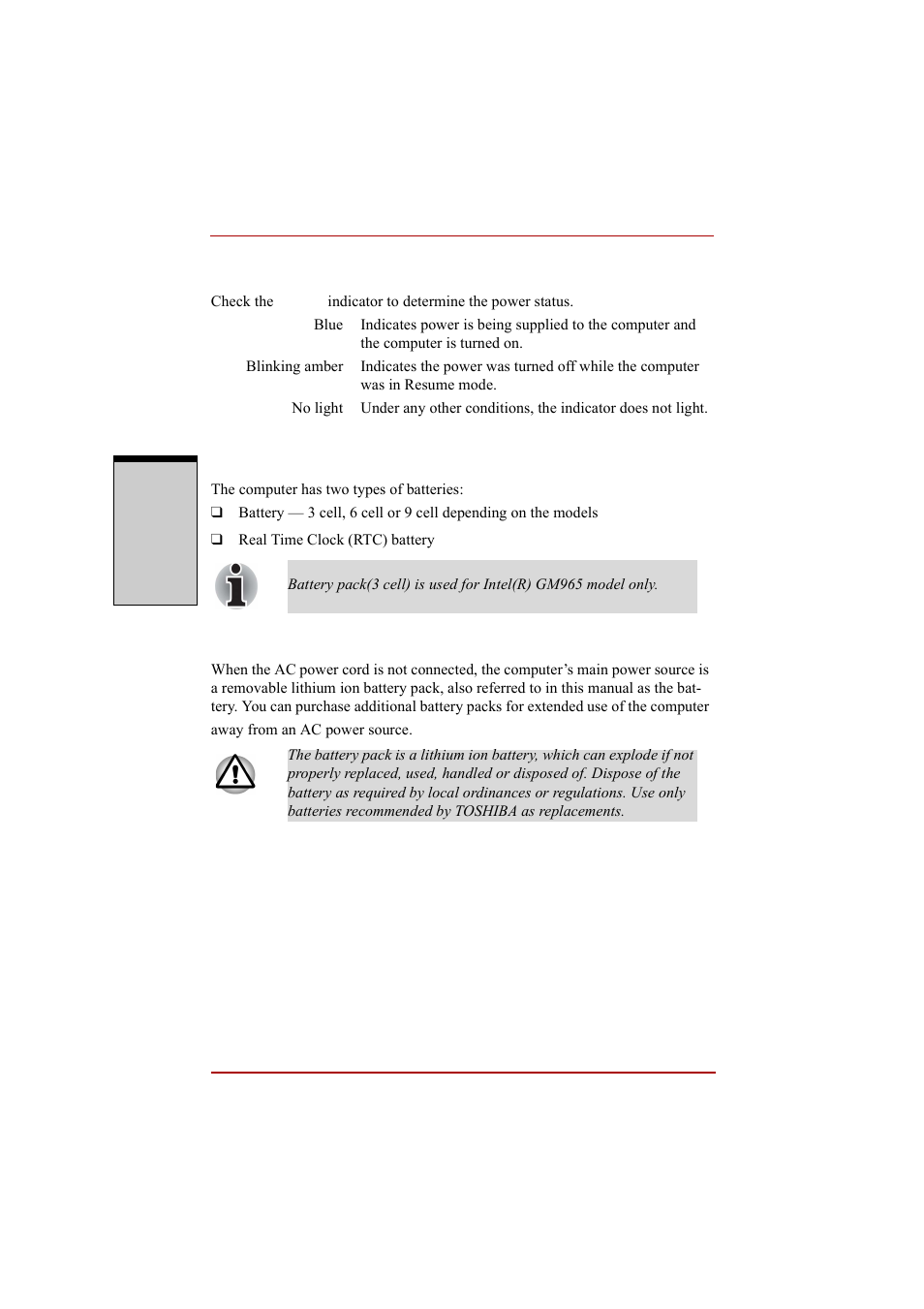 Power indicator, Battery types, Battery | Power indicator -4, Battery types -4, Battery -4 | Toshiba A210 User Manual | Page 174 / 276