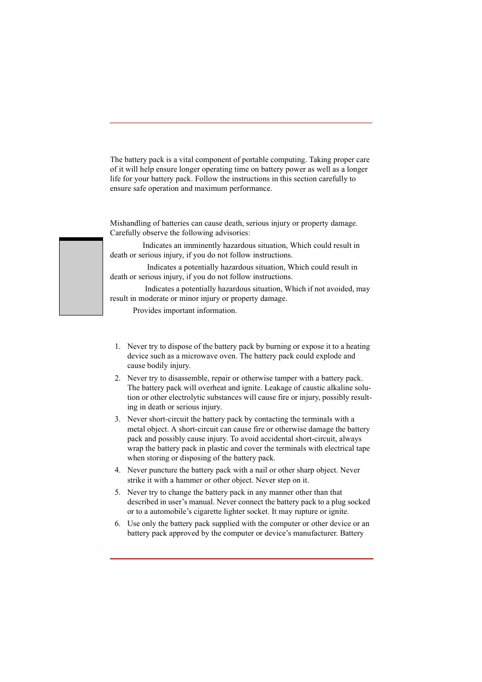 Care and use of the battery pack, Safety precautions, Care and use of the battery pack -6 | Safety precautions -6, Danger | Toshiba A210 User Manual | Page 176 / 276