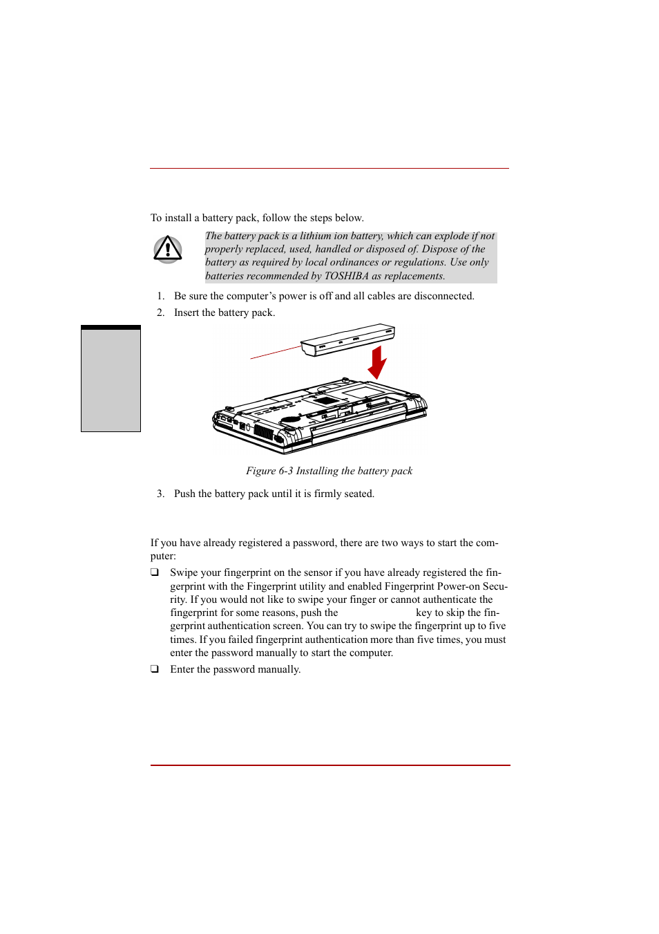 Installing the battery pack, Starting the computer by password, Installing the battery pack -16 | Starting the computer by password -16 | Toshiba A210 User Manual | Page 186 / 276