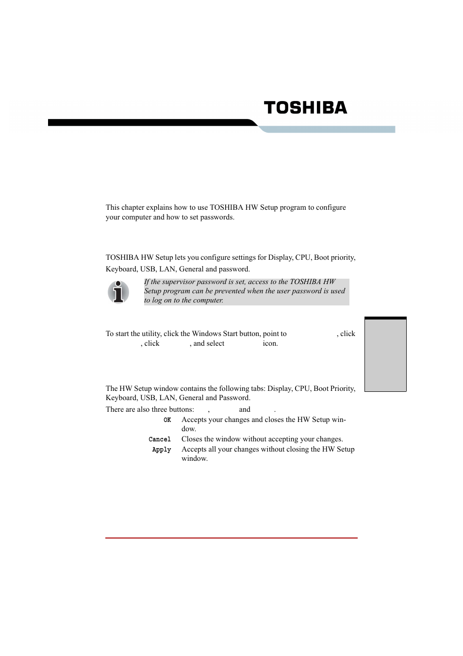 Chapter 7 hw setup and passwords, Hw setup, Accessing hw setup | Hw setup window, Hw setup -1, Accessing hw setup -1 hw setup window -1, Hw setup and passwords, Hw setup and pass, Words, Chapter 7 | Toshiba A210 User Manual | Page 189 / 276
