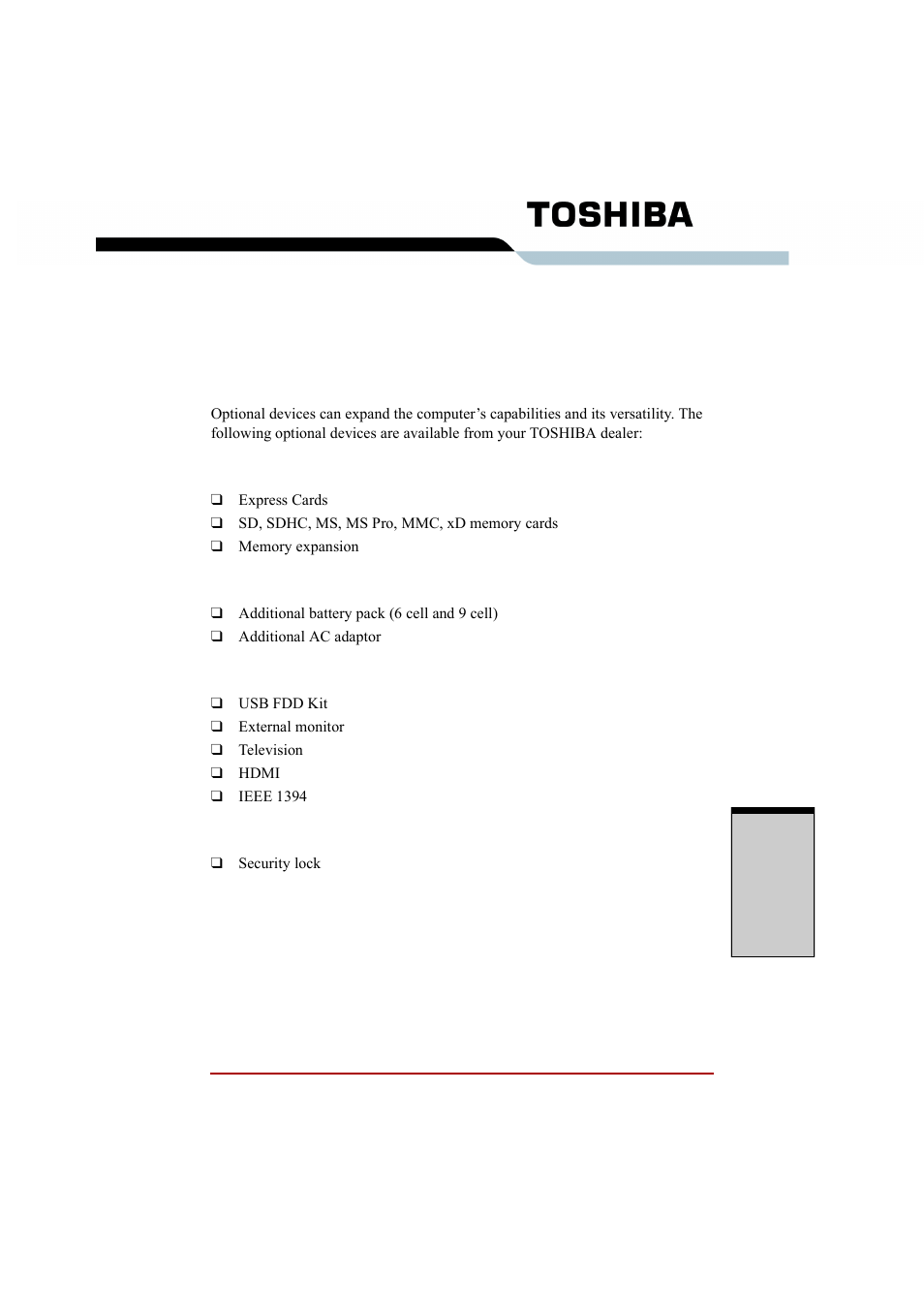 Chapter 8 optional devices, Cards/memory, Power devices | Peripheral devices, Other, Optional devices | Toshiba A210 User Manual | Page 195 / 276