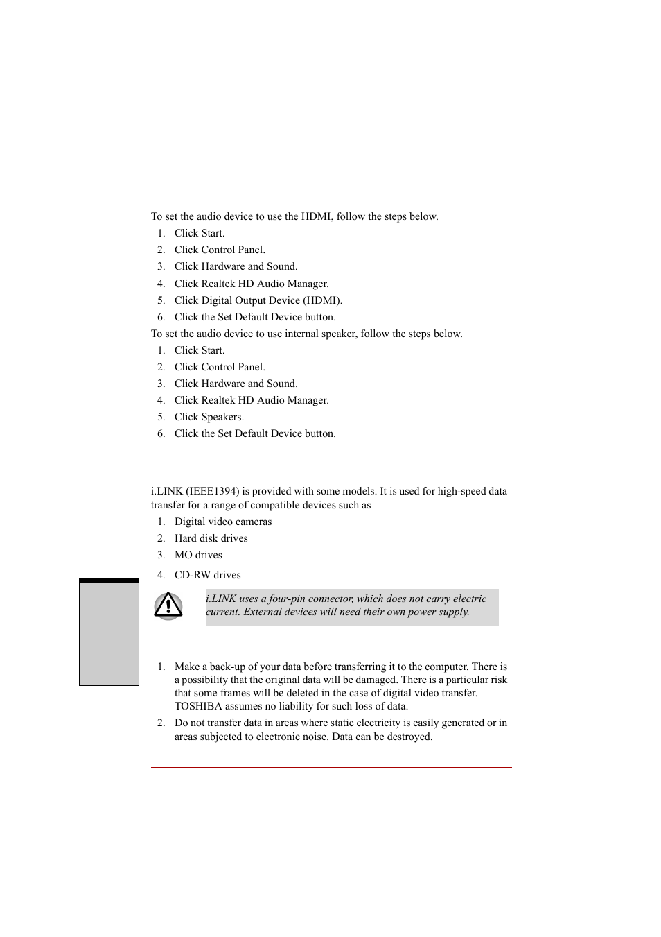 I.link (ieee1394), Precautions, I.link (ieee1394) -14 | Precautions -14 | Toshiba A210 User Manual | Page 208 / 276