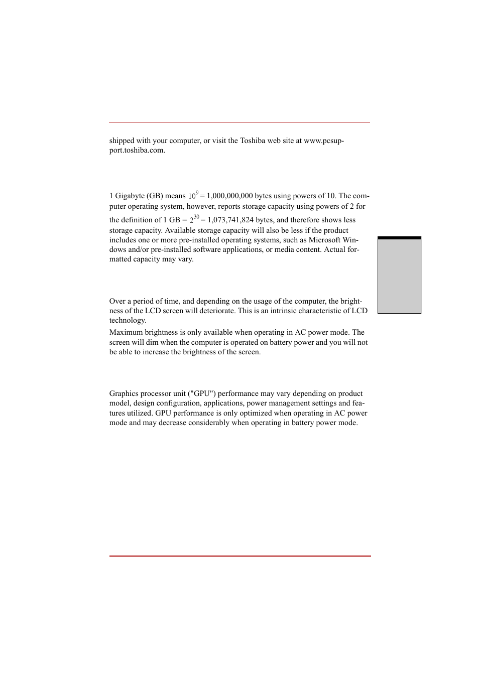 Hdd drive capacity, Graphics processor unit ("gpu") | Toshiba A210 User Manual | Page 241 / 276