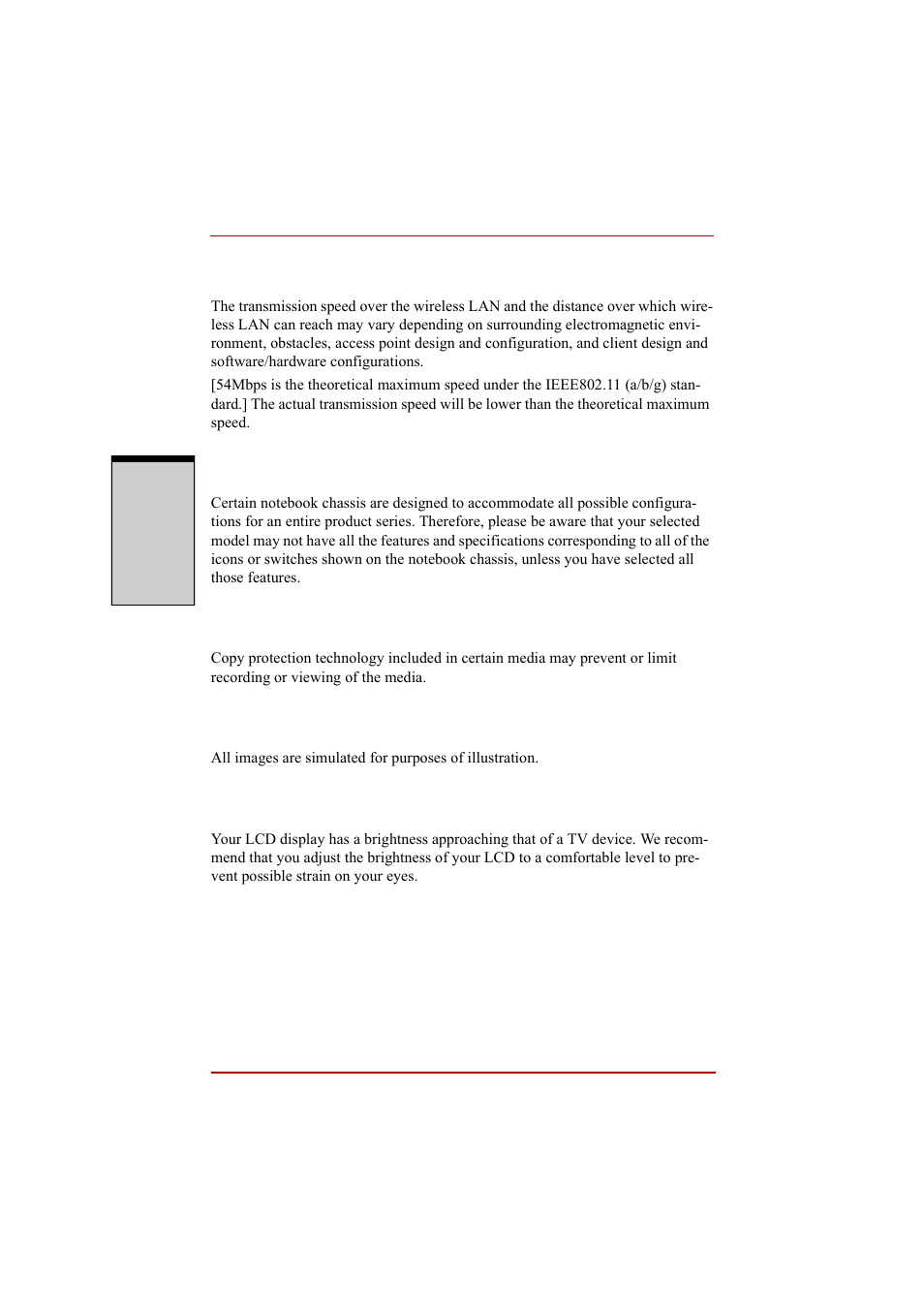 Wireless lan, Non-applicable icons, Copy protection | Images, Lcd brightness and eye strain | Toshiba A210 User Manual | Page 242 / 276