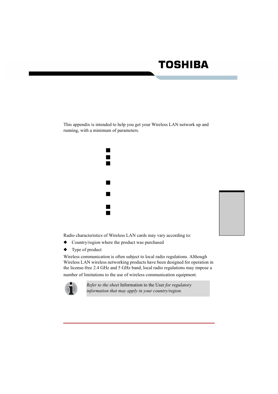 Appendix d, Wireless lan, Card specifications | Radio characteristics | Toshiba A210 User Manual | Page 253 / 276