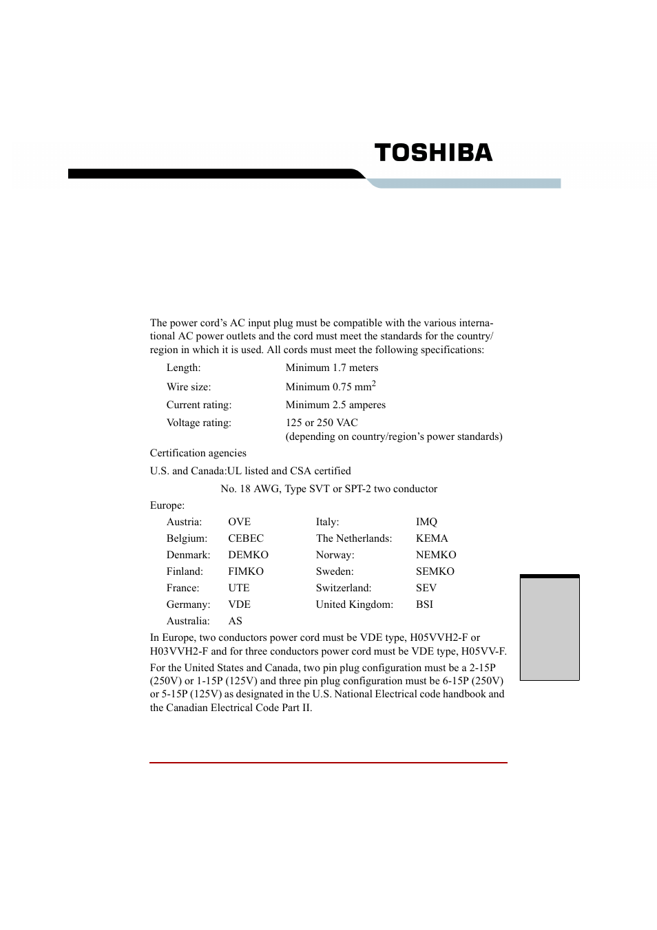 Appendix e, Ac power cord and connectors | Toshiba A210 User Manual | Page 257 / 276