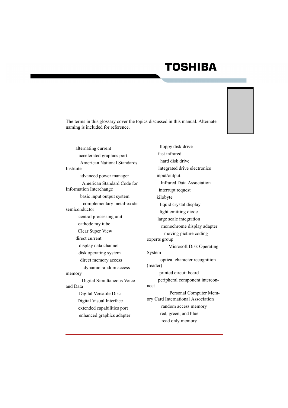 Glossary, Abbreviations, Defin | Toshiba A210 User Manual | Page 259 / 276
