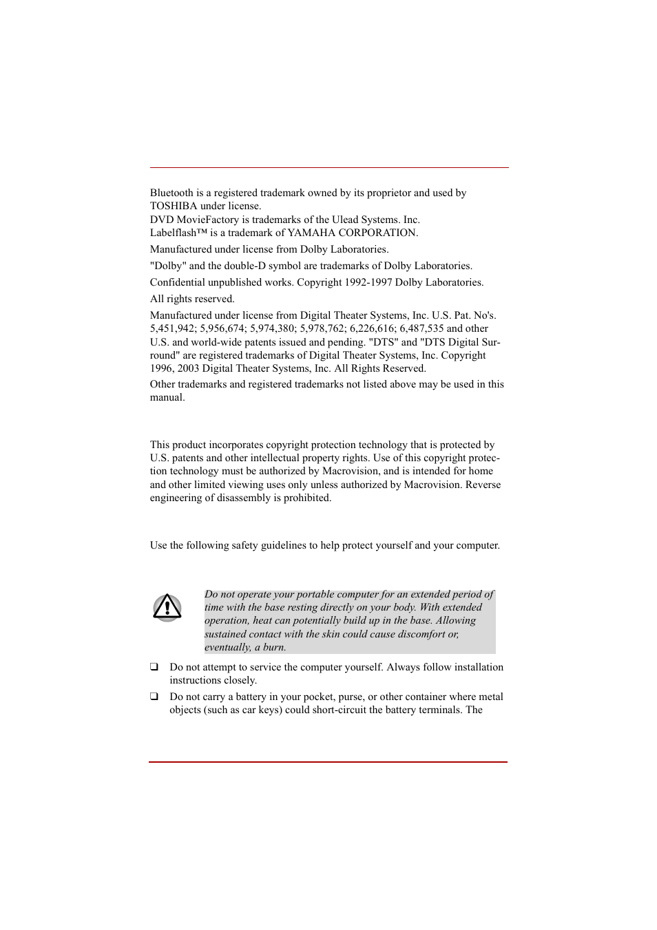 Macrovision license of notice, Safety instructions, When using your computer | Toshiba A210 User Manual | Page 3 / 276