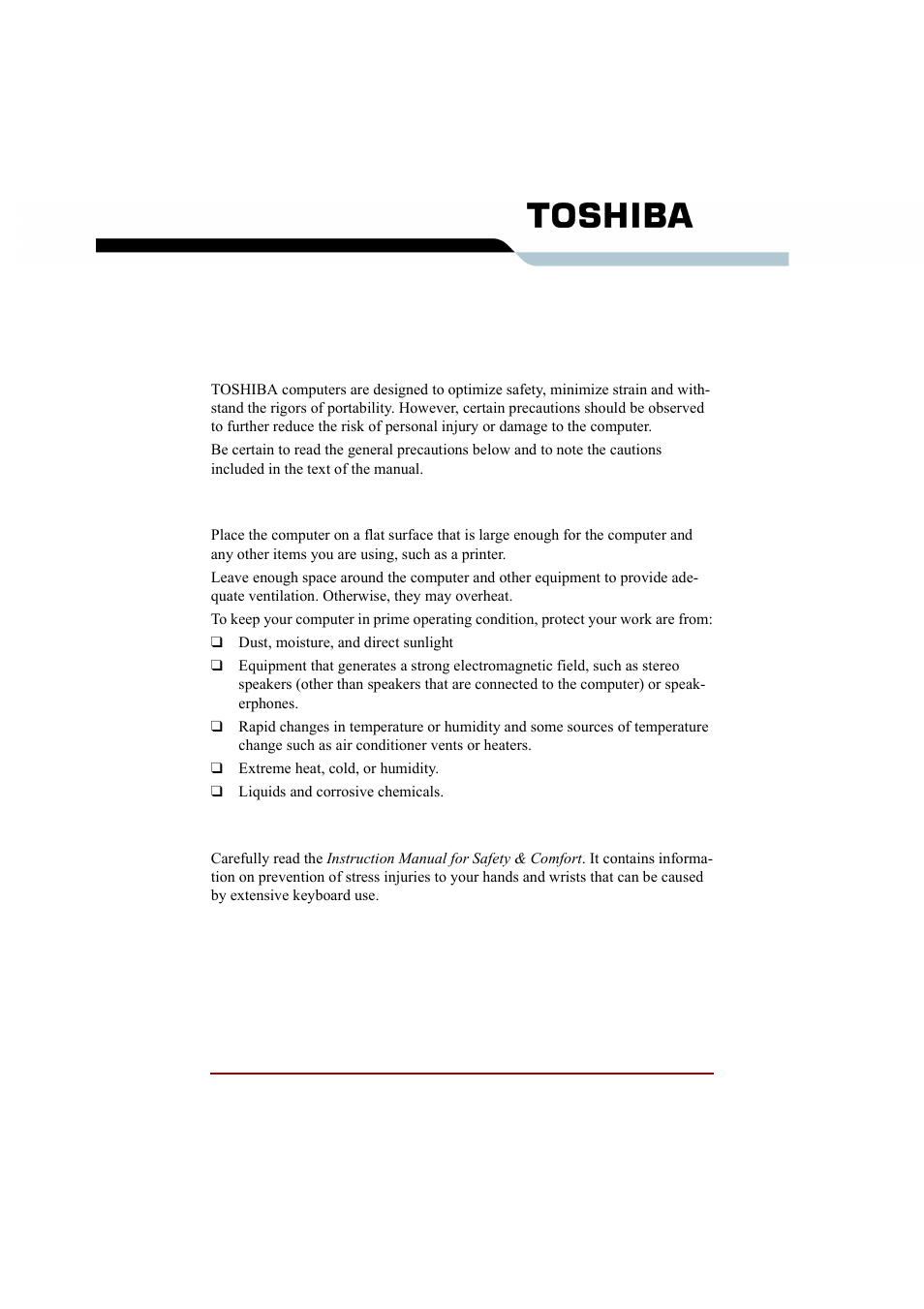 General precautions, Creating a computer-friendly environment, Stress injury | Toshiba A210 User Manual | Page 37 / 276