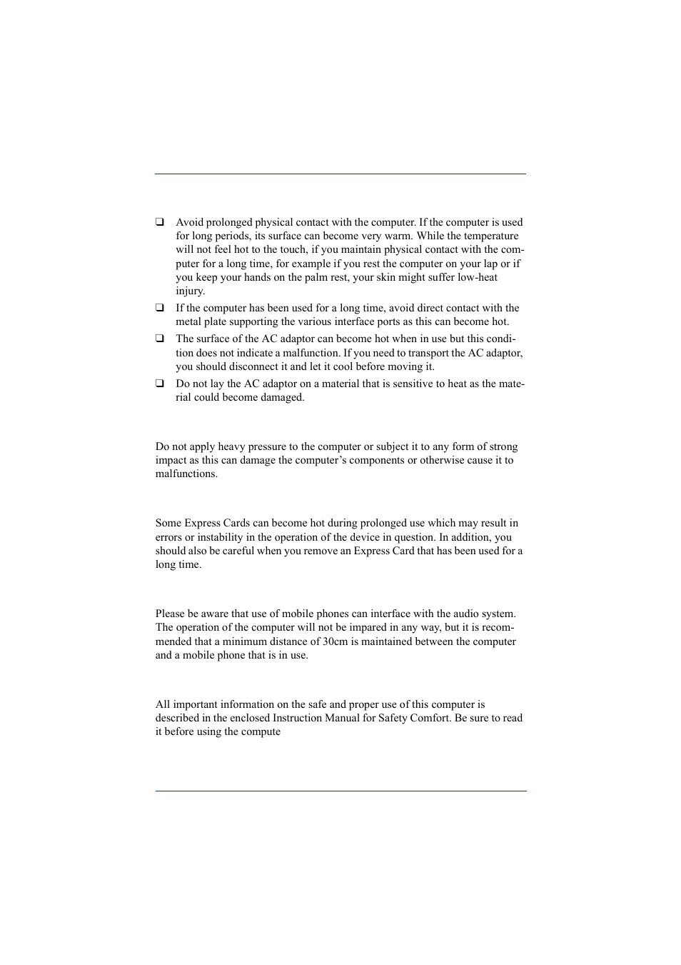 Heat injury, Pressure or impact damage, Express card overheating | Mobile phone, Instruction manual for safety and comfort | Toshiba A210 User Manual | Page 38 / 276