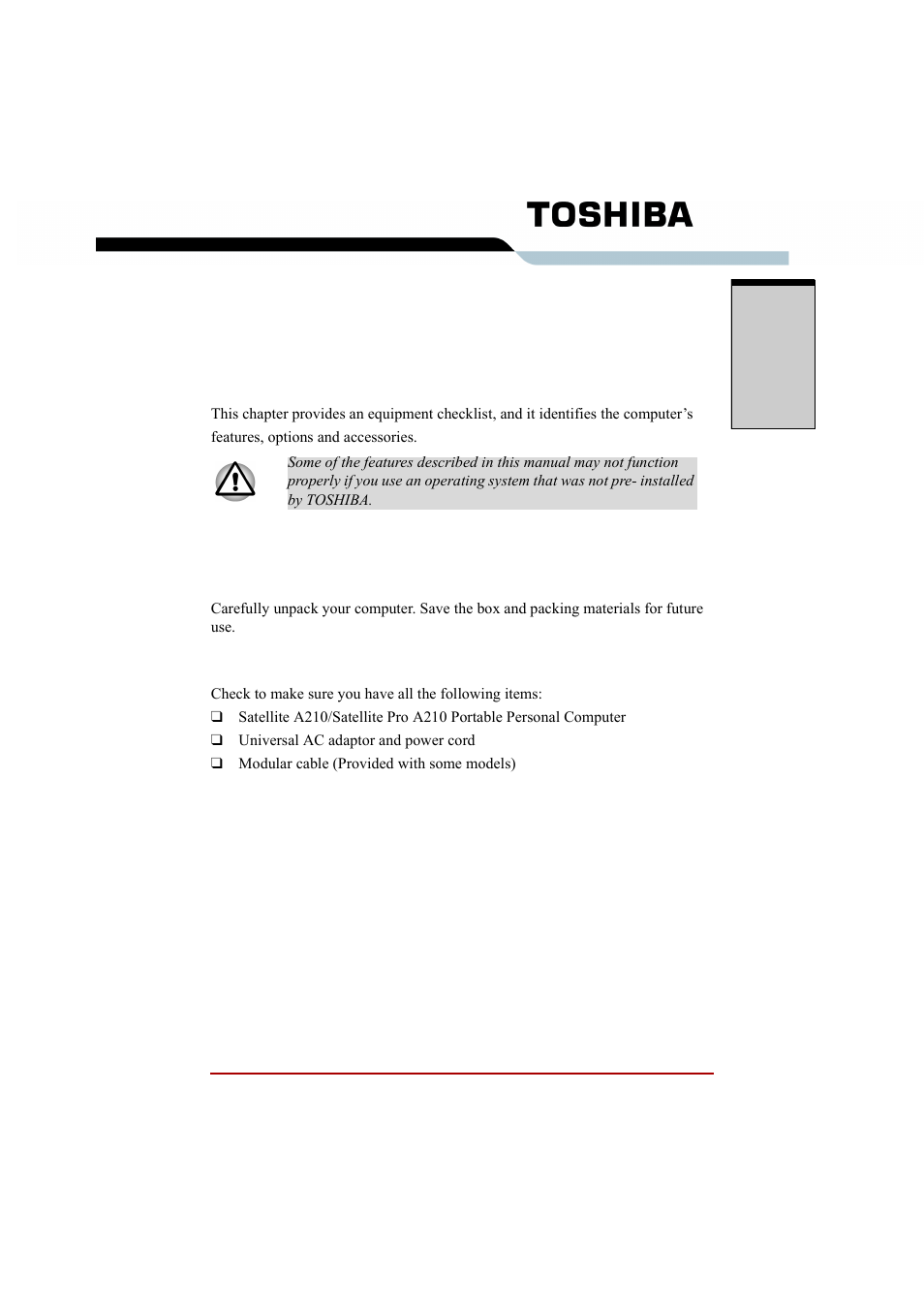 Chapters, Chapter 1 introduction, Equipment checklist | Hardware, Equipment checklist -1, Hardware -1, Introduction, To lear | Toshiba A210 User Manual | Page 39 / 276