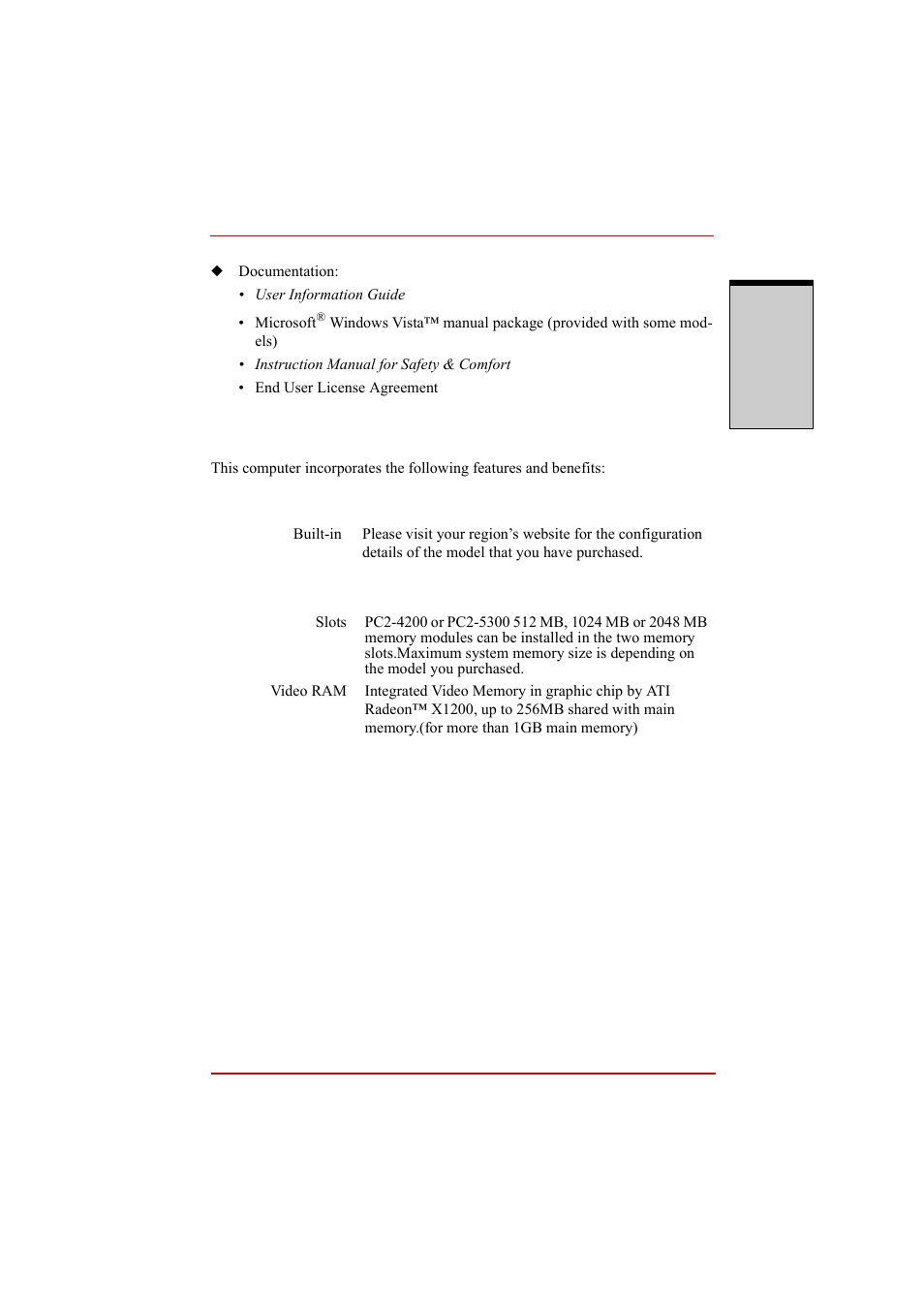 Features, Processor, Memory | Features -3, Processor -3 memory -3 | Toshiba A210 User Manual | Page 41 / 276