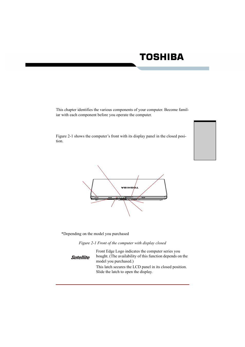 Chapter 2 the grand tour, Front with the display closed, Front with the display closed -1 | The grand tour, Chapter 2 | Toshiba A210 User Manual | Page 57 / 276