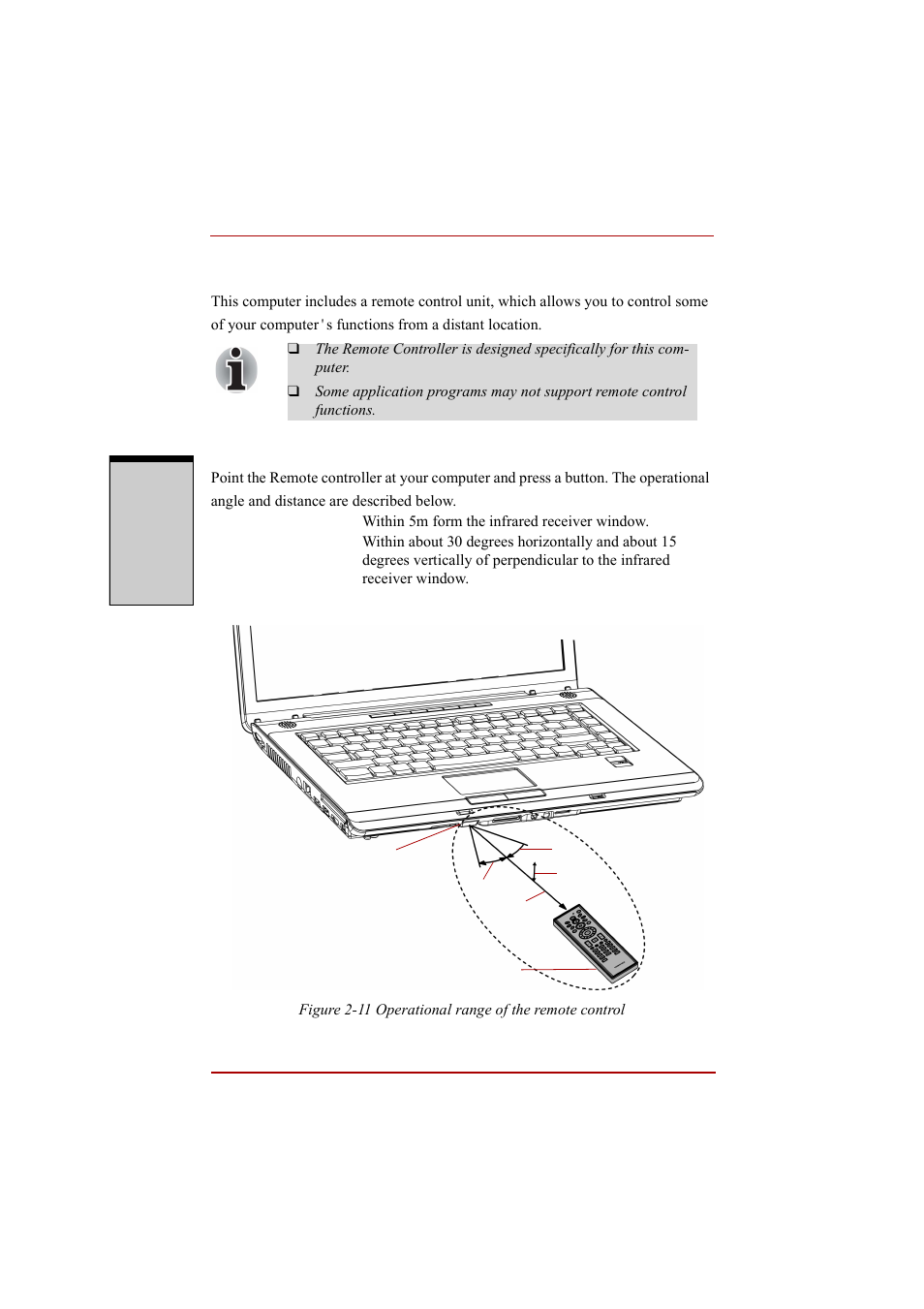 Using the remote controller, Using the remote controller -26, Operational range of the remote controlle | Toshiba A210 User Manual | Page 82 / 276
