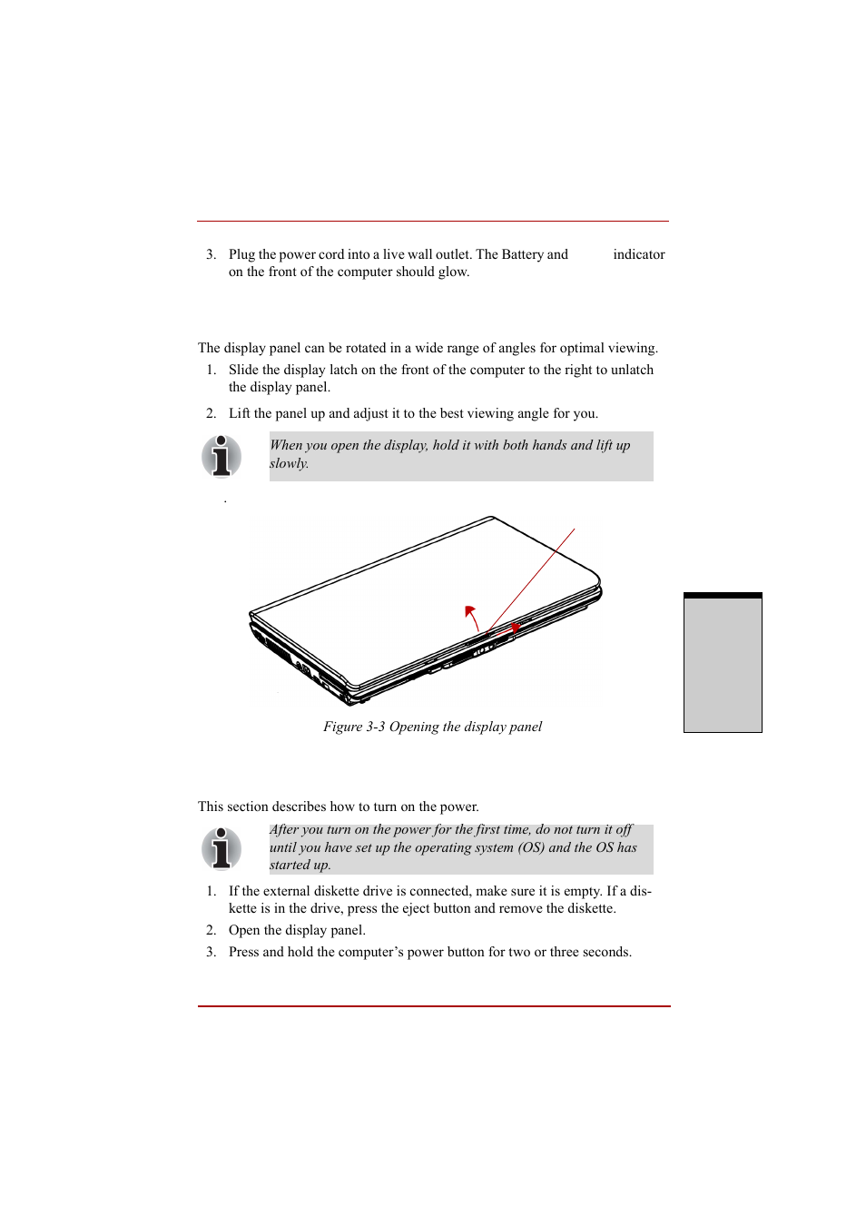 Opening the display, Turning on the power, Opening the display -3 turning on the power -3 | Toshiba A210 User Manual | Page 91 / 276
