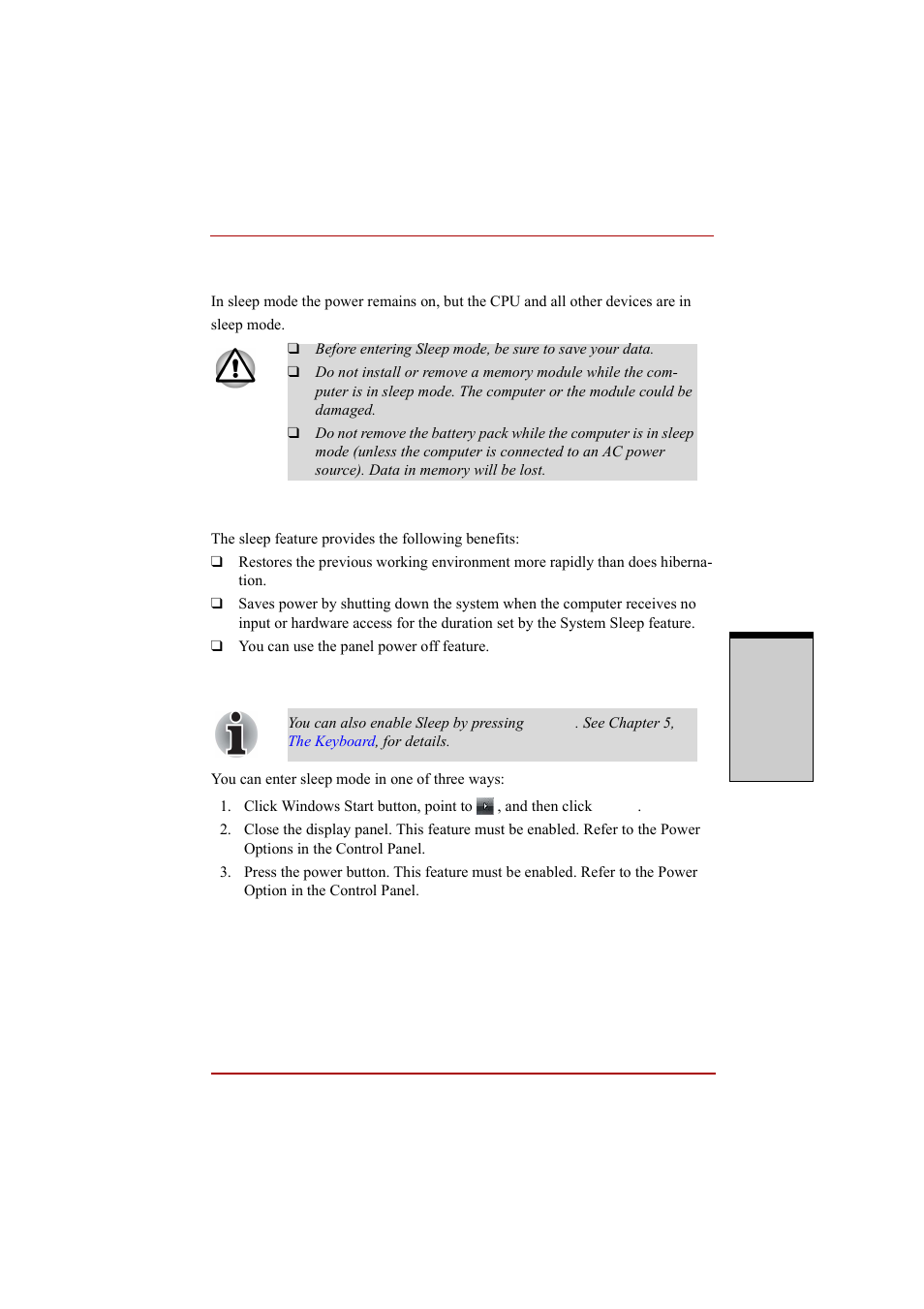 Sleep mode, Sleep mode -7, Benefits of sleep | Executing sleep | Toshiba A210 User Manual | Page 95 / 276