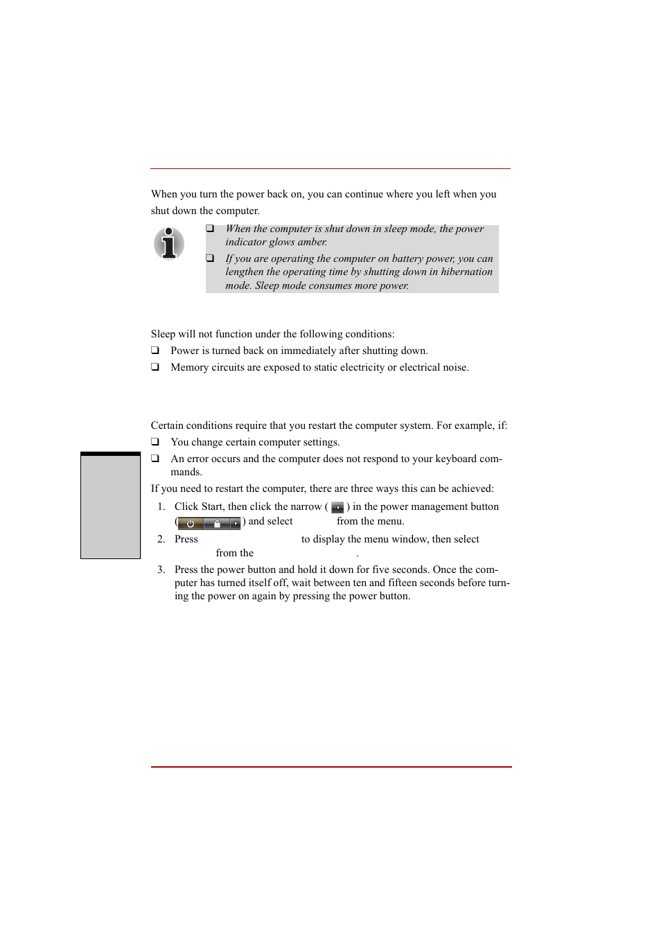 Restarting the computer, Restarting the computer -8, Sleep limitations | Toshiba A210 User Manual | Page 96 / 276