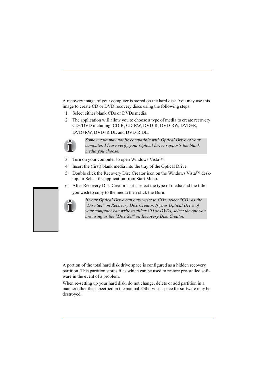 Create optical recovery discs, For hdd recovery model, Create optical recovery discs -10 | For hdd recovery model -10 | Toshiba A210 User Manual | Page 98 / 276