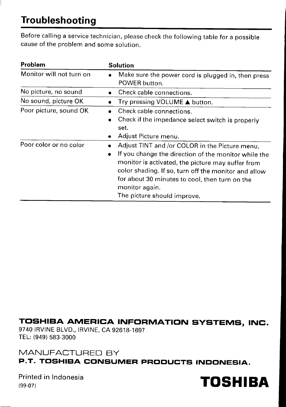 Troubleshooting, Manufactured by, Printed in indonesia | Toshiba | Toshiba CM1910A User Manual | Page 10 / 10