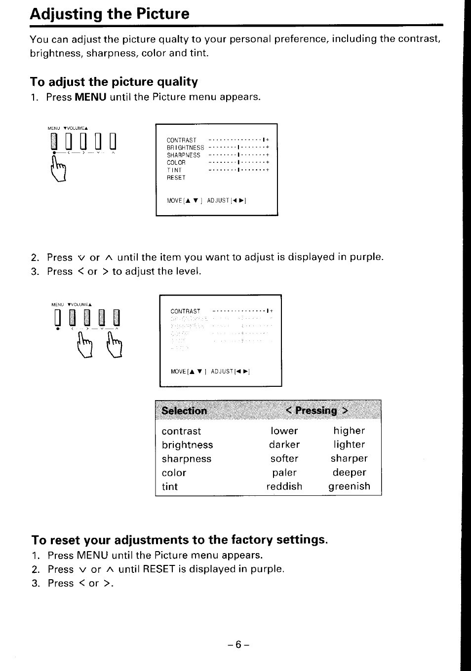 Adjusting the picture, To adjust the picture quality, To reset your adjustments to the factory settings | Tliaj | Toshiba CM1910A User Manual | Page 6 / 10