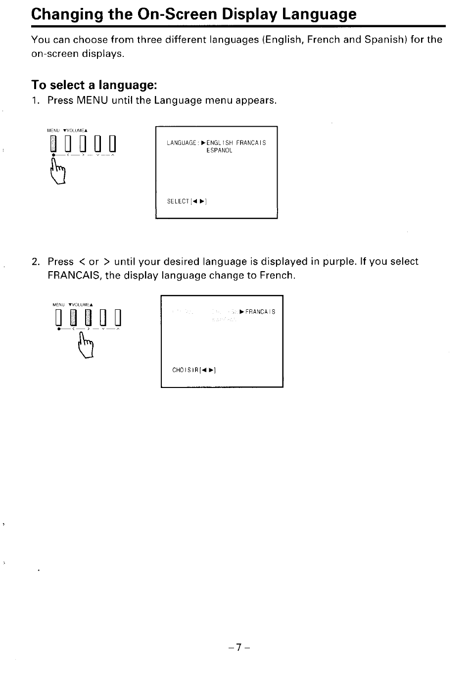 Changing the on-screen display language, To select a language, Yjjj | Toshiba CM1910A User Manual | Page 7 / 10