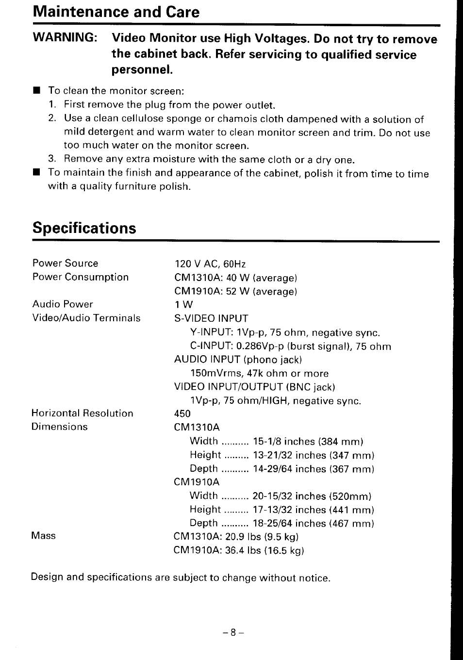 Maintenance and care, Specifications | Toshiba CM1910A User Manual | Page 8 / 10