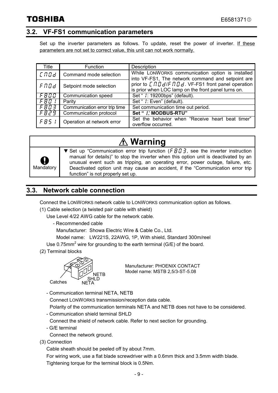 Warning, Vf-fs1 communication parameters, Network cable connection | Toshiba TOSVERT VF-FS1 Series User Manual | Page 10 / 16