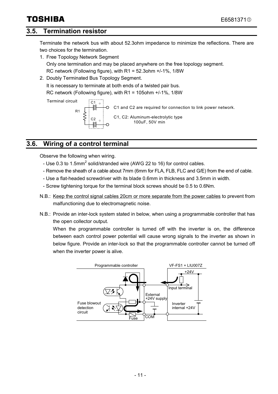 Termination resistor, Wiring of a control terminal | Toshiba TOSVERT VF-FS1 Series User Manual | Page 12 / 16