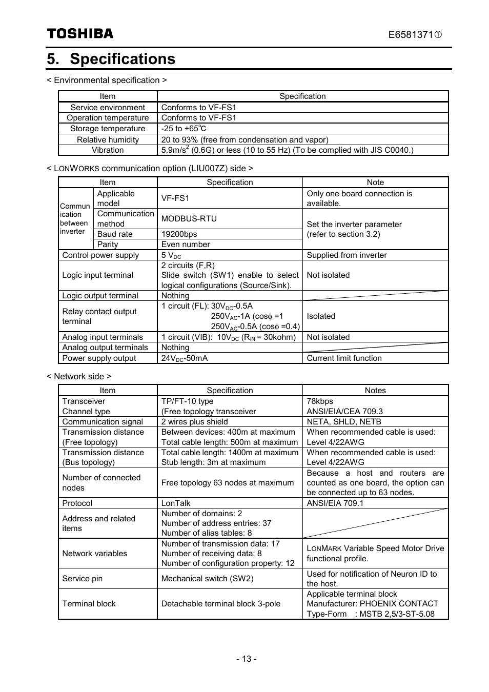 Specifications | Toshiba TOSVERT VF-FS1 Series User Manual | Page 14 / 16