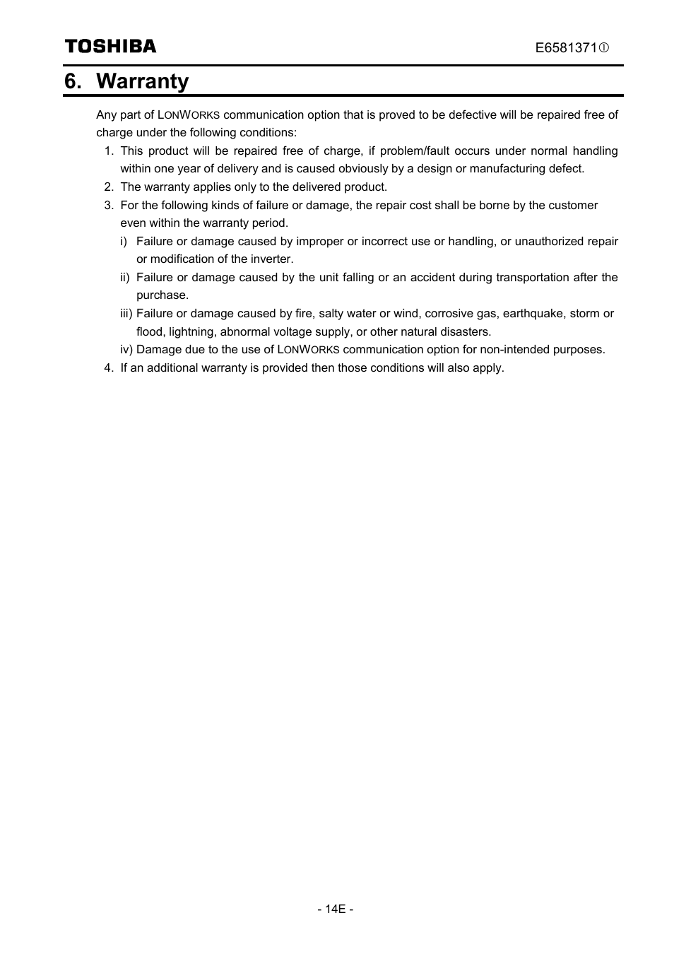 Warranty | Toshiba TOSVERT VF-FS1 Series User Manual | Page 15 / 16