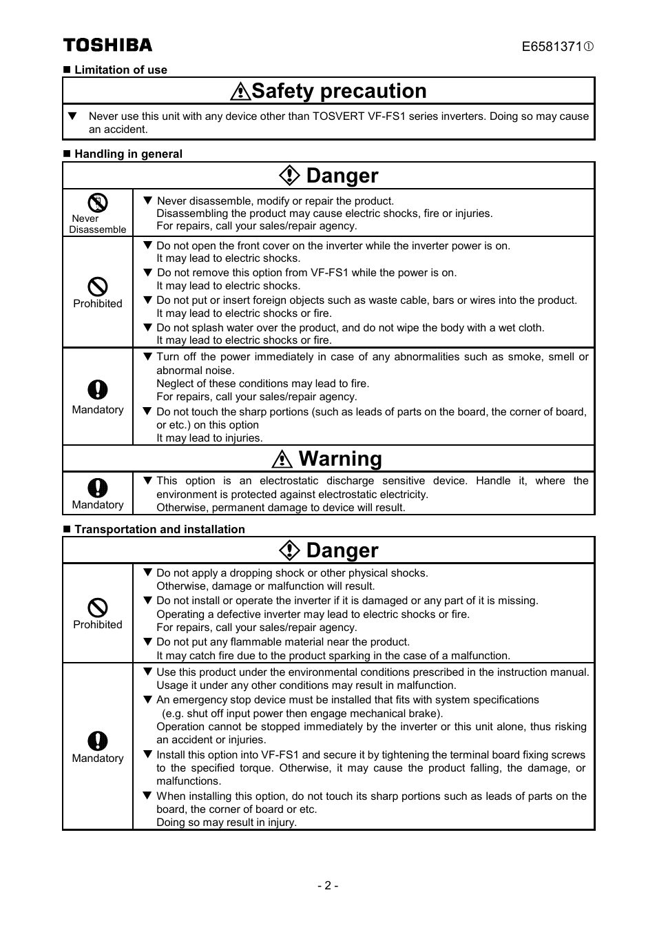 Safety precaution, Danger, Warning | Toshiba TOSVERT VF-FS1 Series User Manual | Page 3 / 16