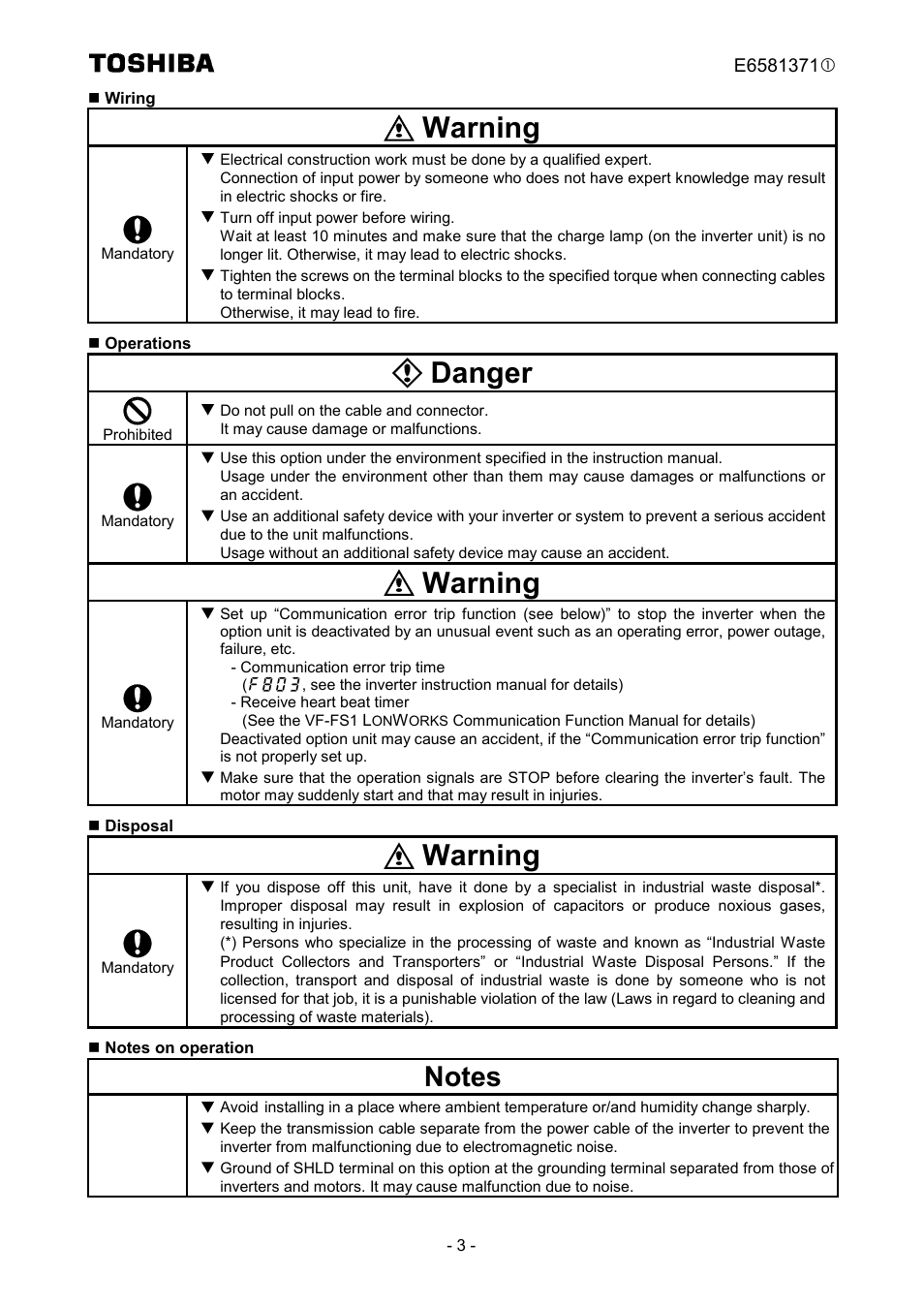 Warning, Danger | Toshiba TOSVERT VF-FS1 Series User Manual | Page 4 / 16