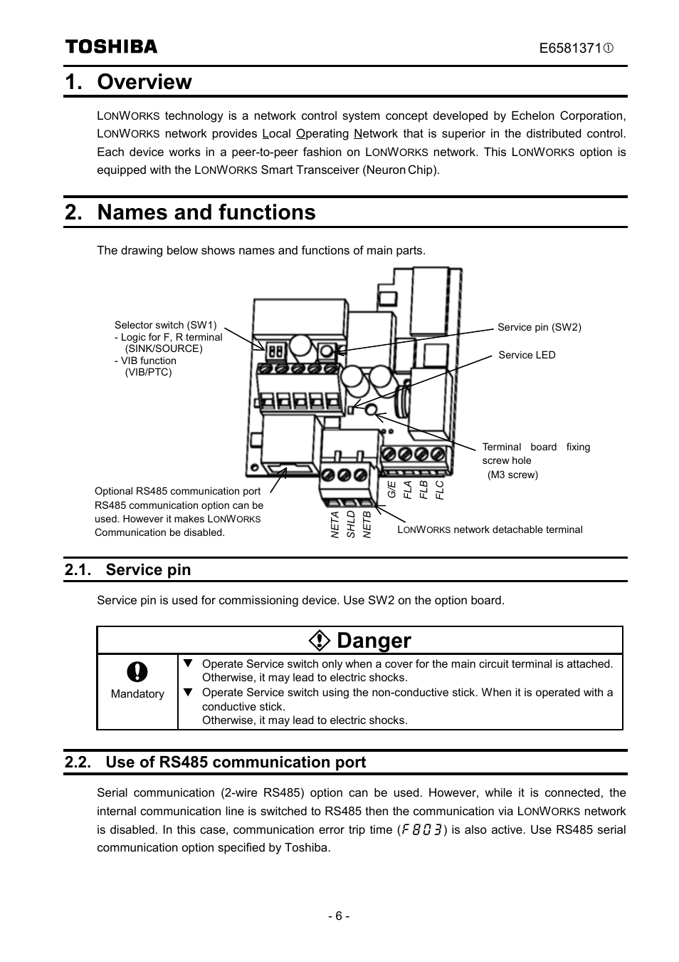 Overview, Names and functions, Danger | Service pin, Use of rs485 communication port | Toshiba TOSVERT VF-FS1 Series User Manual | Page 7 / 16