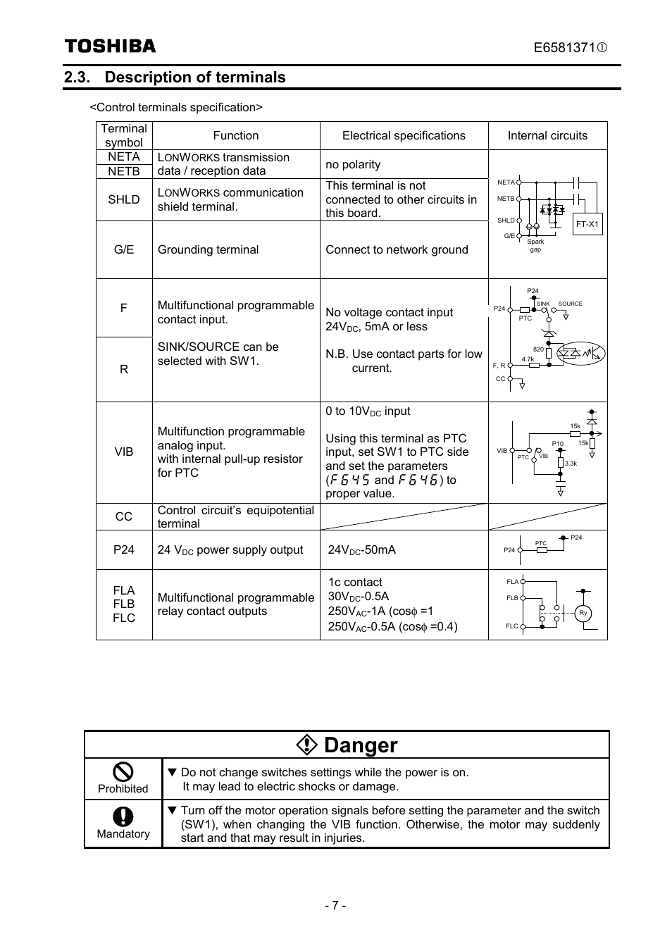 Danger, Description of terminals | Toshiba TOSVERT VF-FS1 Series User Manual | Page 8 / 16