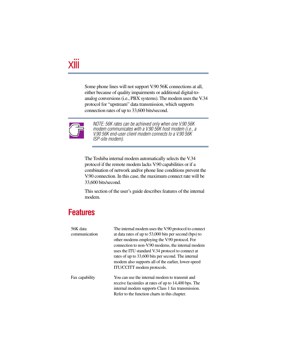 Xiii, Features | Toshiba V.90 User Manual | Page 13 / 102