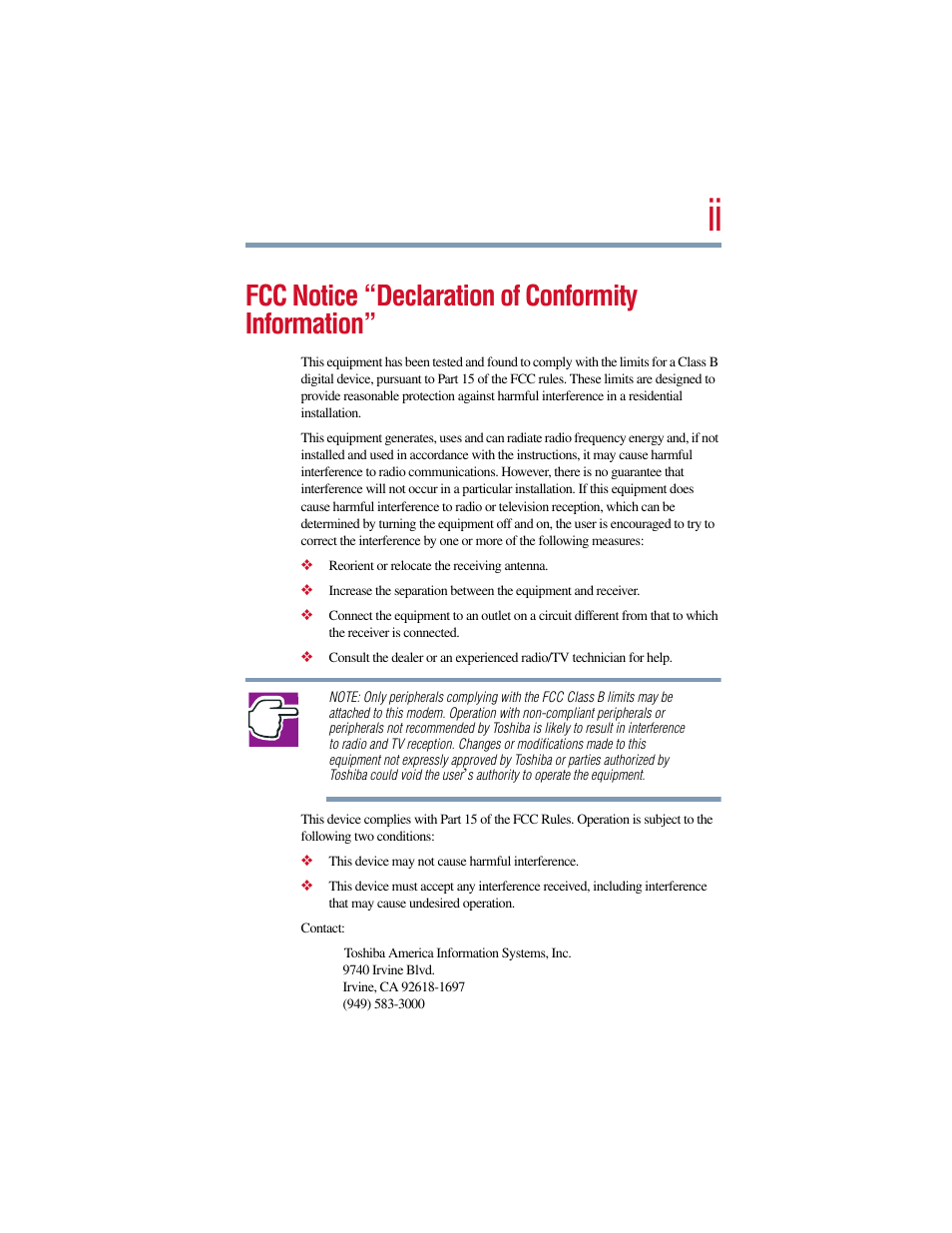 Fcc notice “declaration of conformity information | Toshiba V.90 User Manual | Page 2 / 102