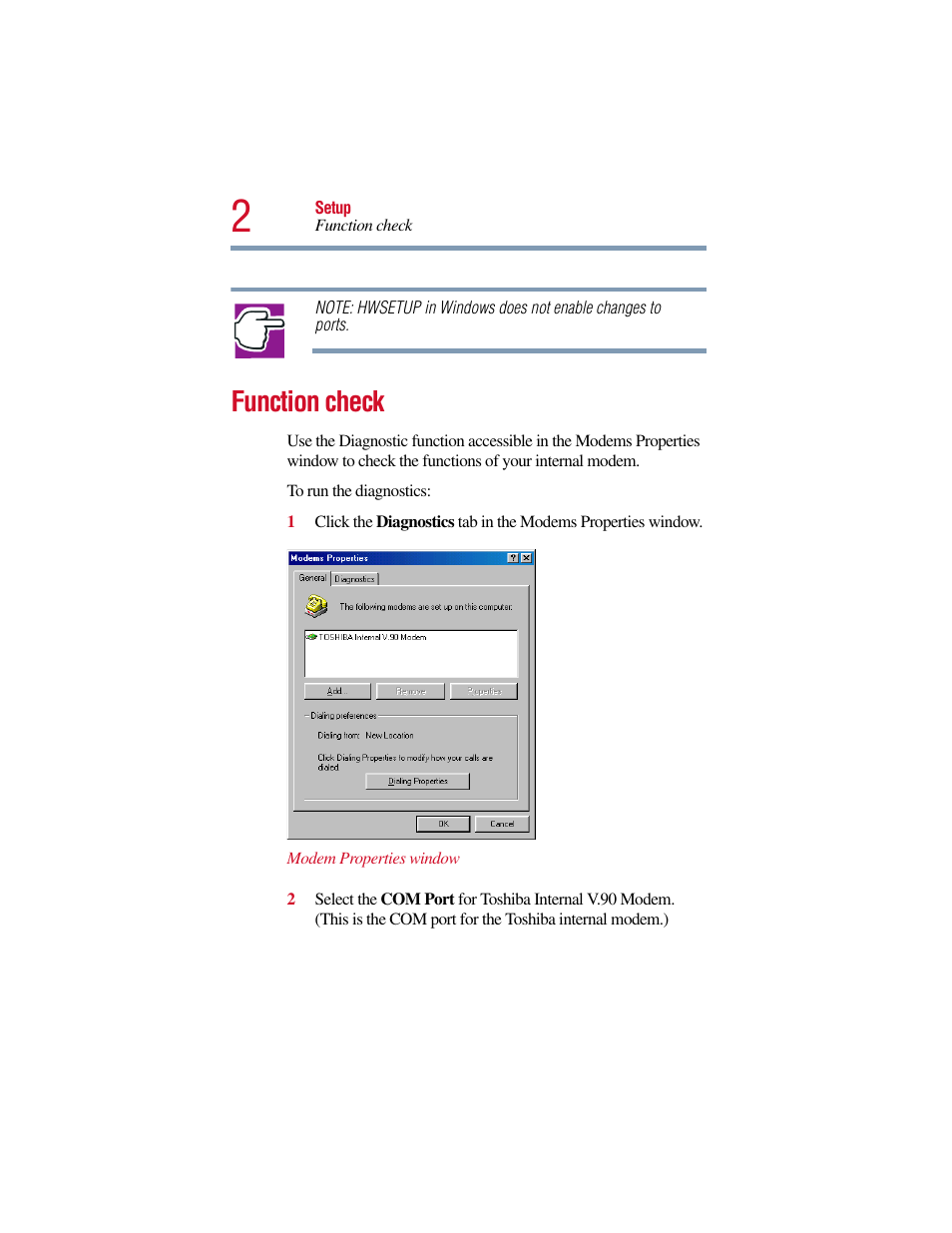 Function check | Toshiba V.90 User Manual | Page 21 / 102