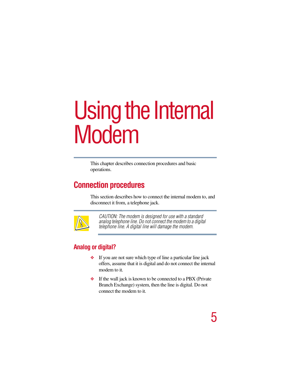 Chapter 2: using the internal modem, Connection procedures, Analog or digital | Internal modem, describ, Using the internal modem | Toshiba V.90 User Manual | Page 24 / 102