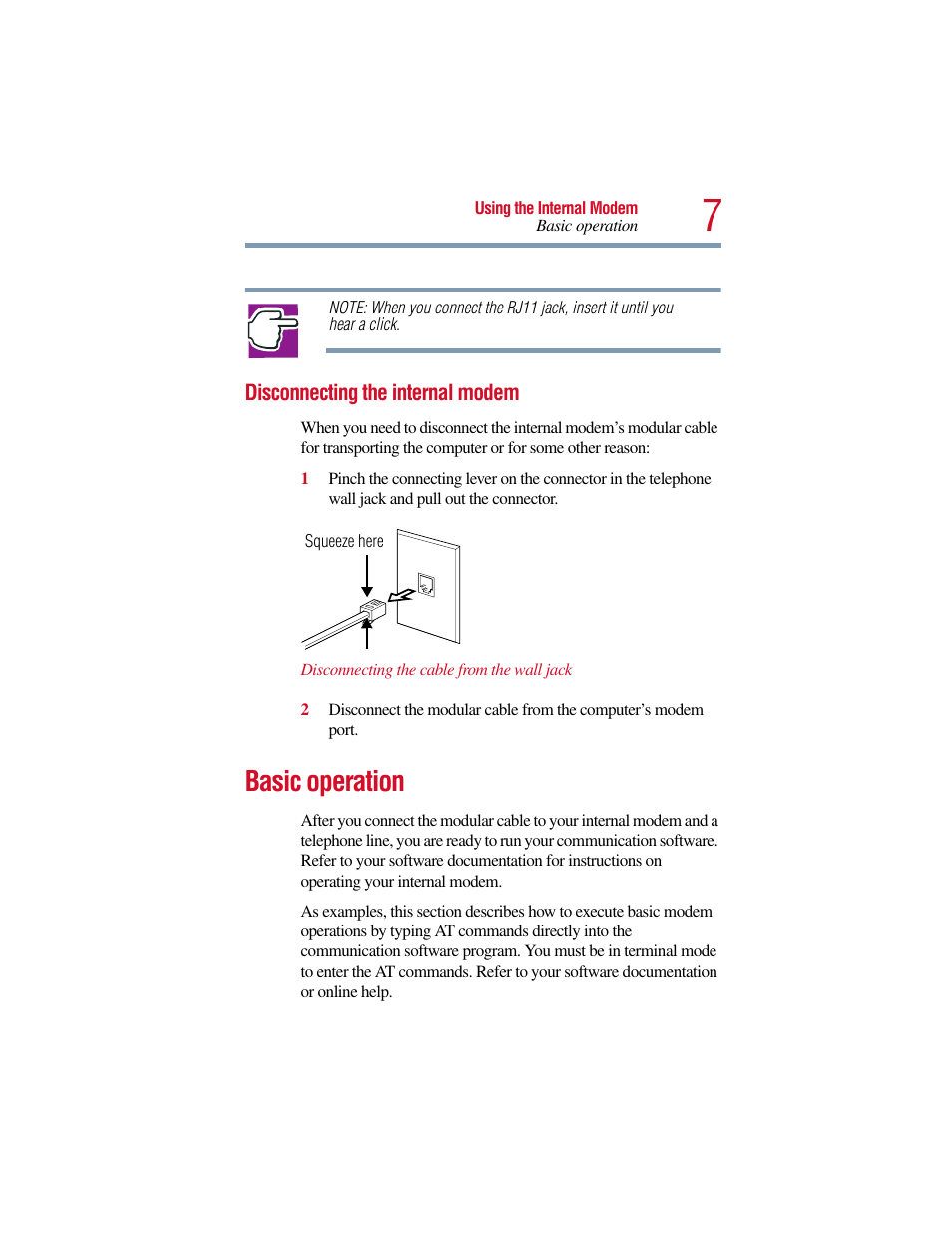 Disconnecting the internal modem, Basic operation | Toshiba V.90 User Manual | Page 26 / 102