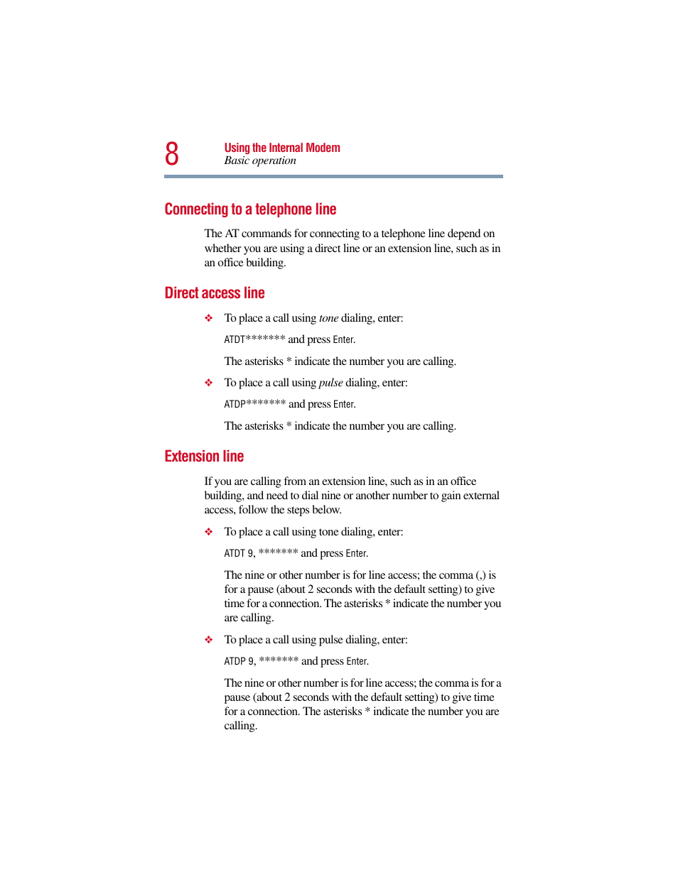 Connecting to a telephone line, Direct access line, Extension line | Direct access line extension line | Toshiba V.90 User Manual | Page 27 / 102