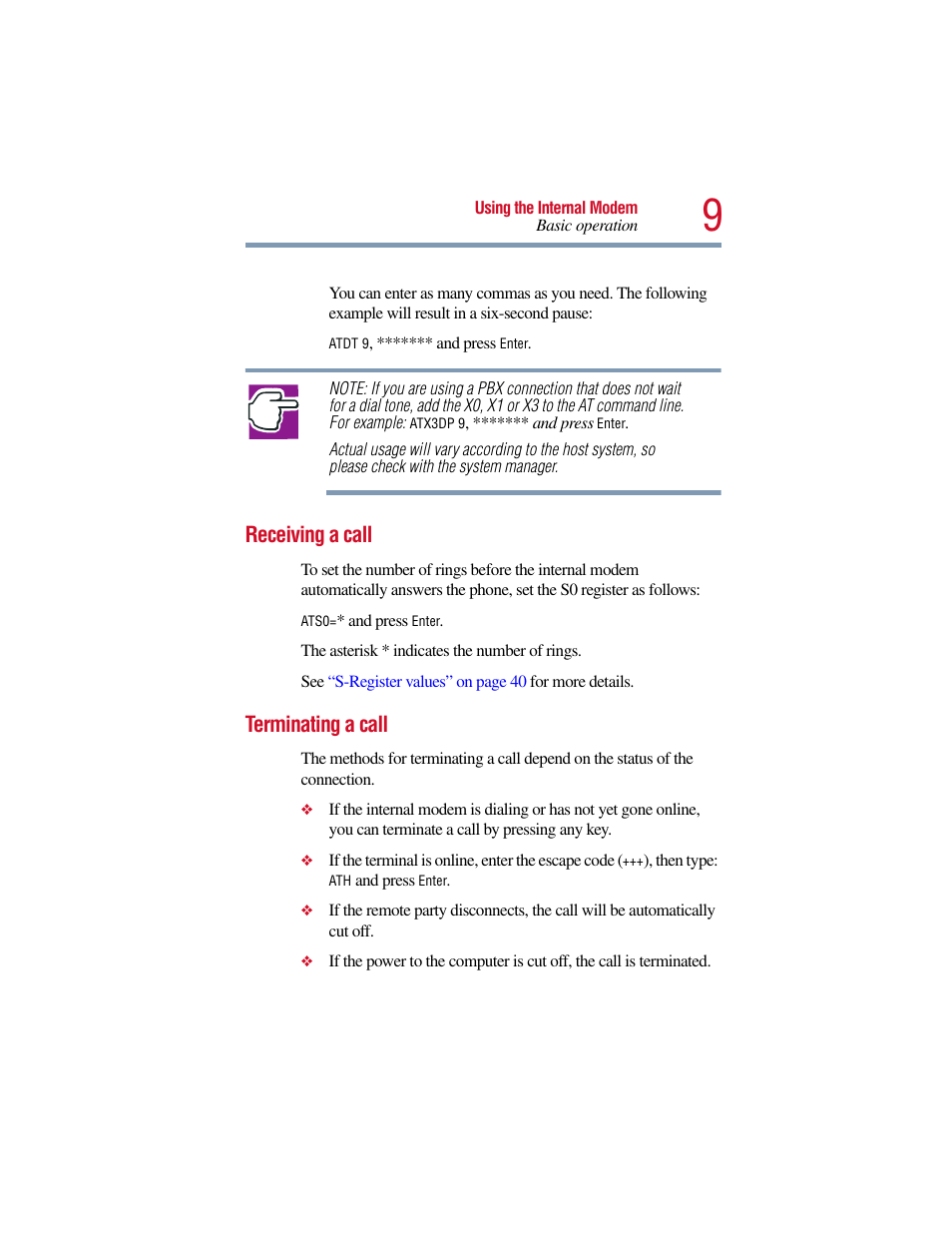 Receiving a call, Terminating a call, Receiving a call terminating a call | Toshiba V.90 User Manual | Page 28 / 102