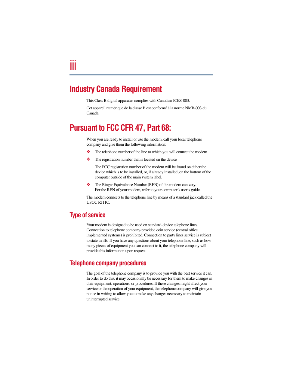 Industry canada requirement, Pursuant to fcc cfr 47, part 68 | Toshiba V.90 User Manual | Page 3 / 102